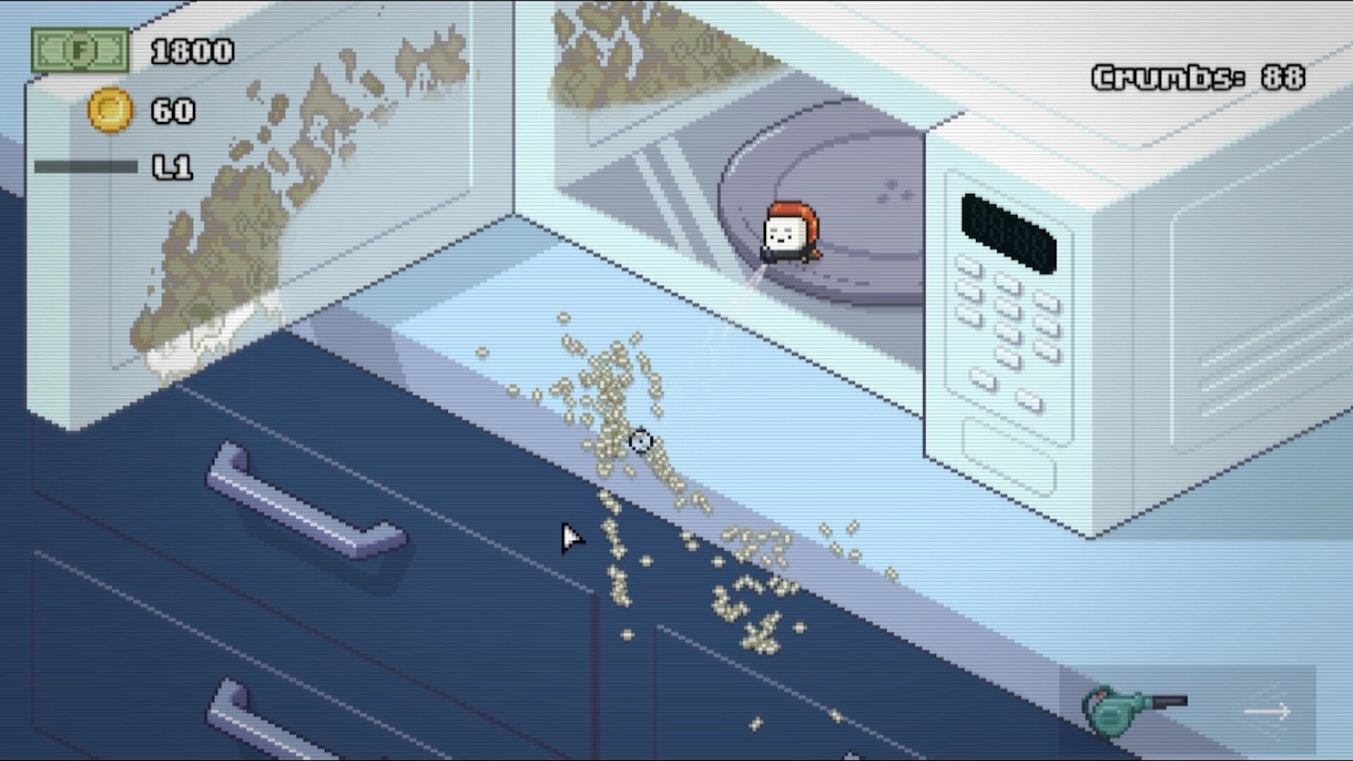 Moldwasher: Aiming nozzle at crumbs and grime inside a microwave, with score and crumbs counter UI.