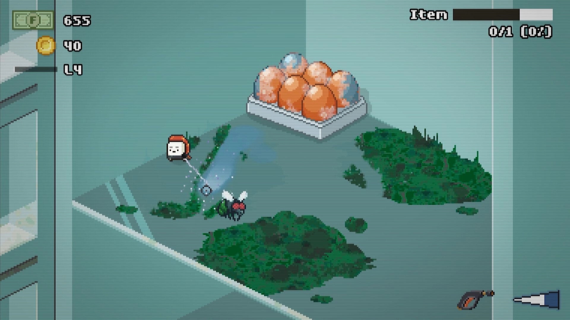 Moldwasher: Tiny cleaner sprays mold while a fly buzzes on a fridge shelf with oranges and HUD stats.