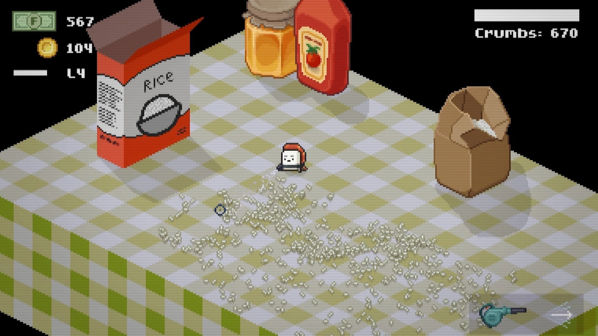 Moldwasher: Tiny food hero stands by scattered crumbs on checkered table with crumbs counter UI.