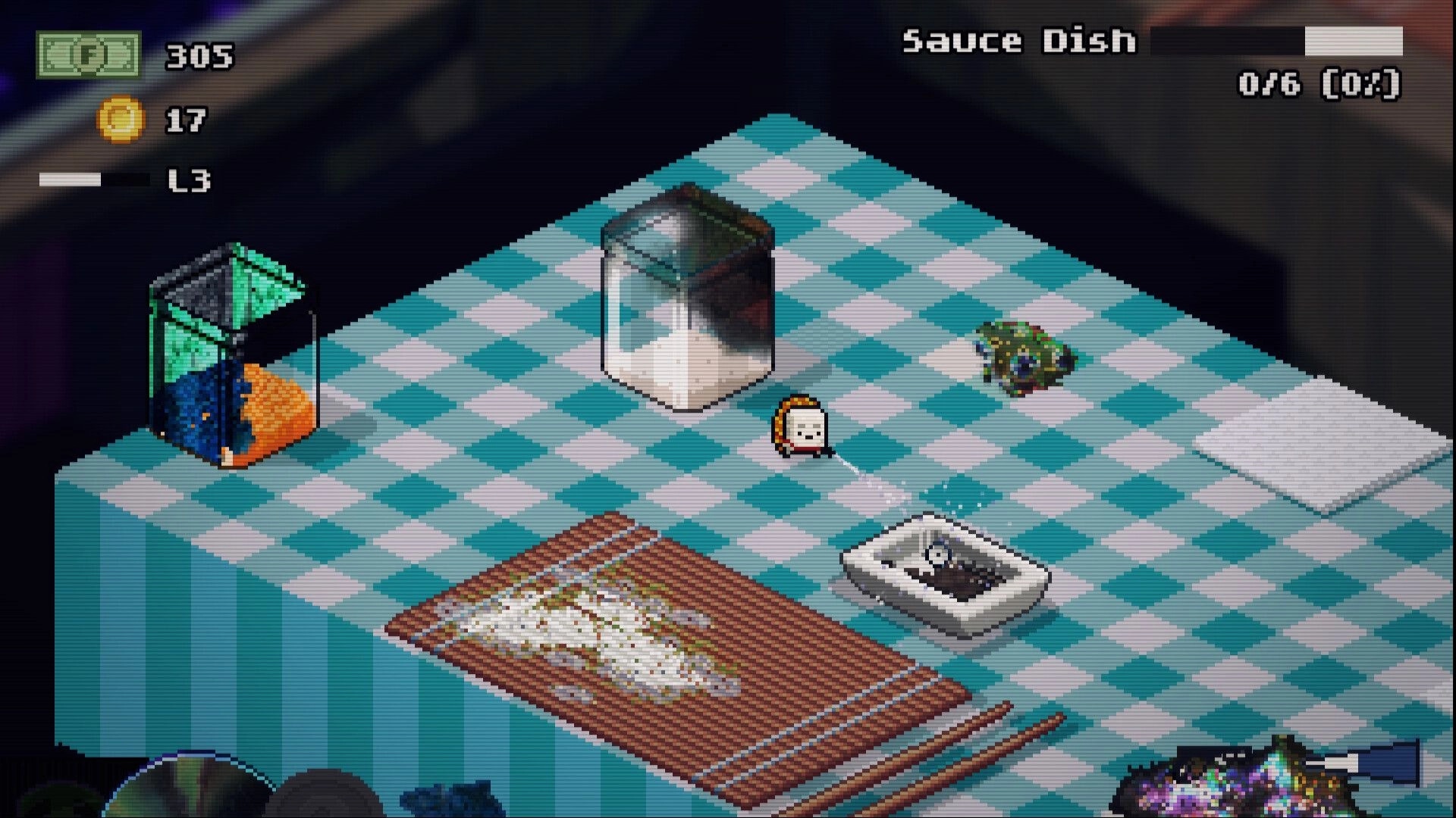 Moldwasher: Tiny hero sprays grime near a sauce dish on a checkered counter with HUD stats above.