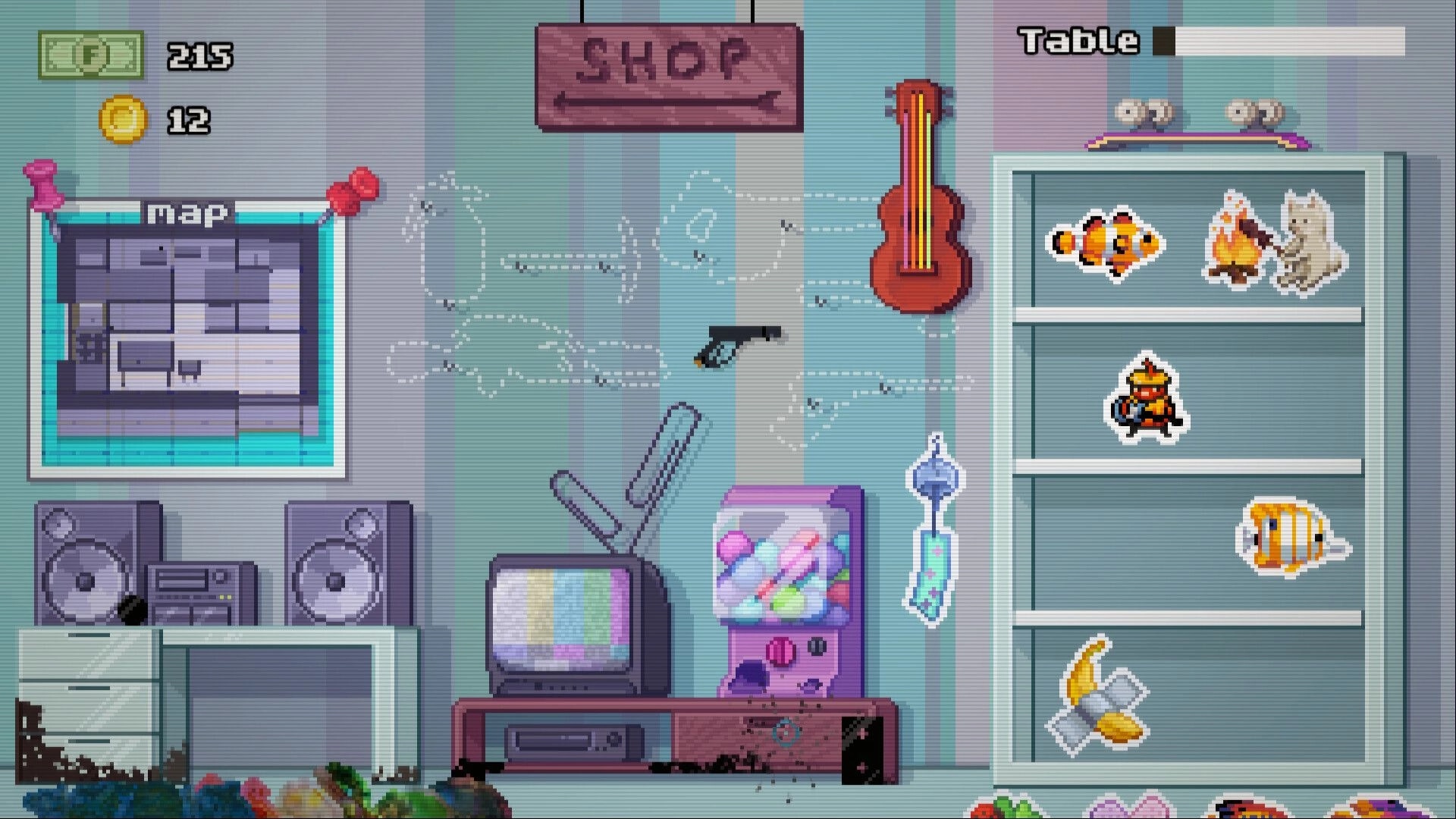 Moldwasher: Shop screen with sticker items and money counters in a cozy room with map and TV shelves.