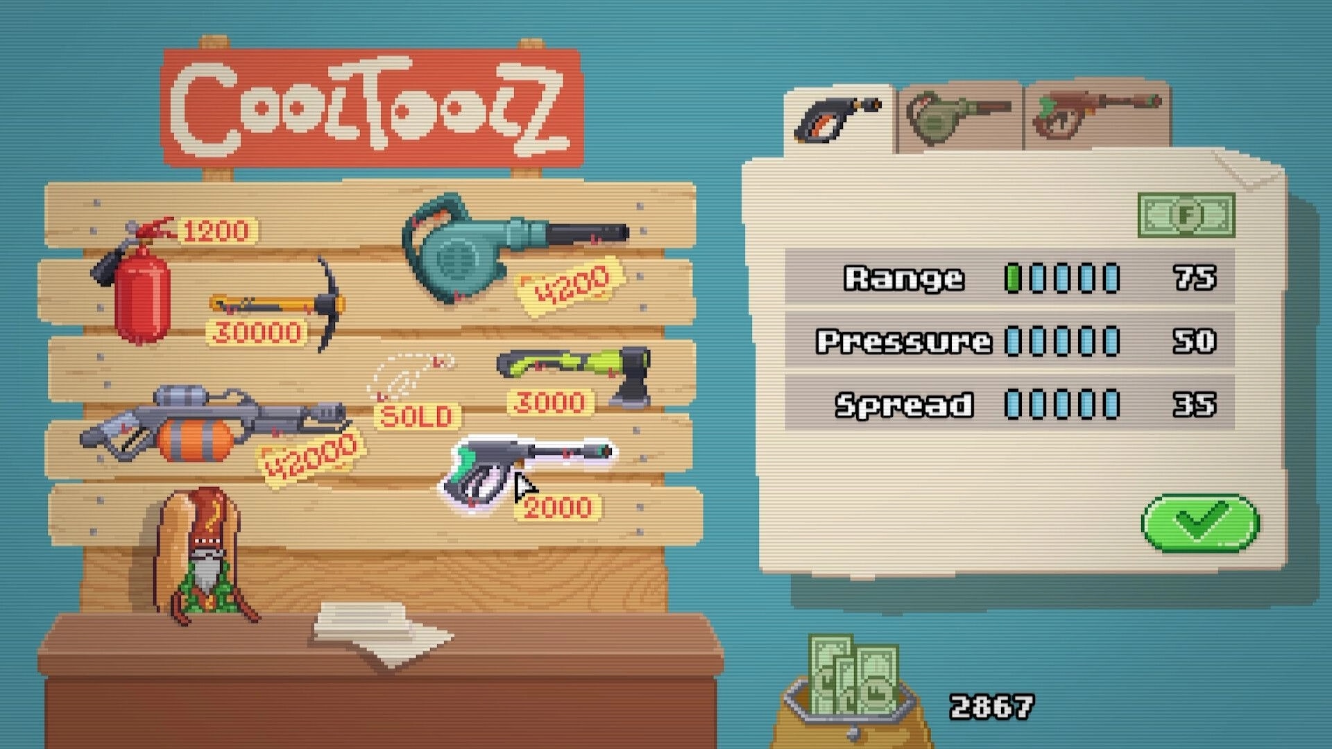 Moldwasher: Tool shop menu selecting a spray nozzle with range, pressure, spread stats on screen.