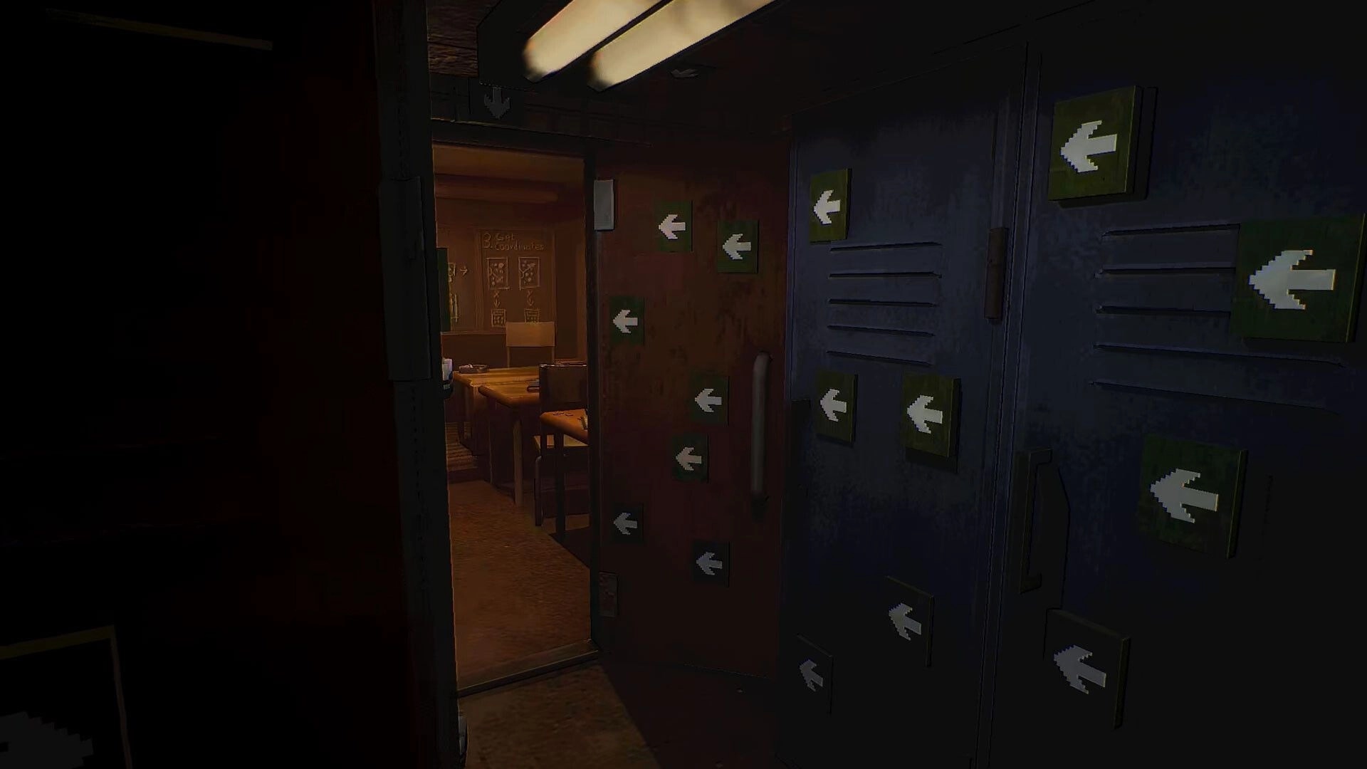 MOLE: Dimly lit interior with arrow-marked doors leading to a control room filled with wooden furniture.