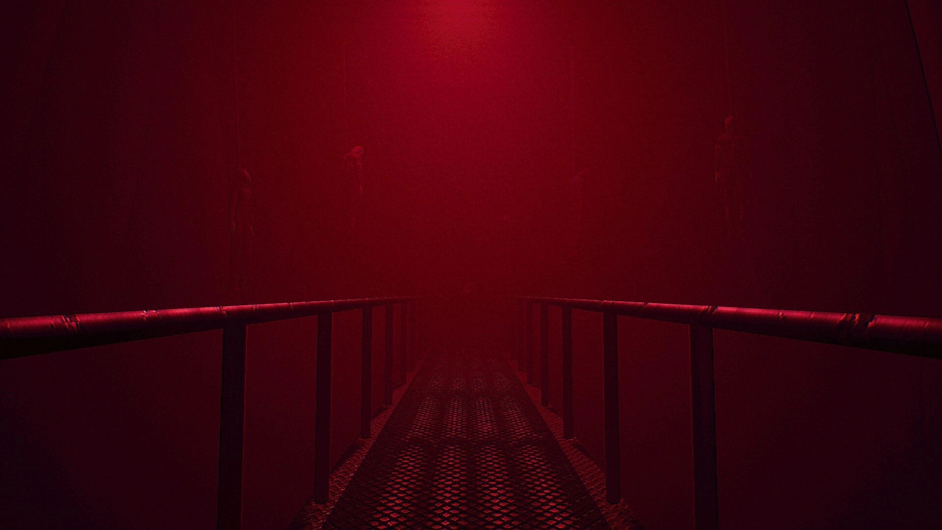 MOLE: Dimly lit metal walkway surrounded by eerie red glow, shadowy figures hang in the background.
