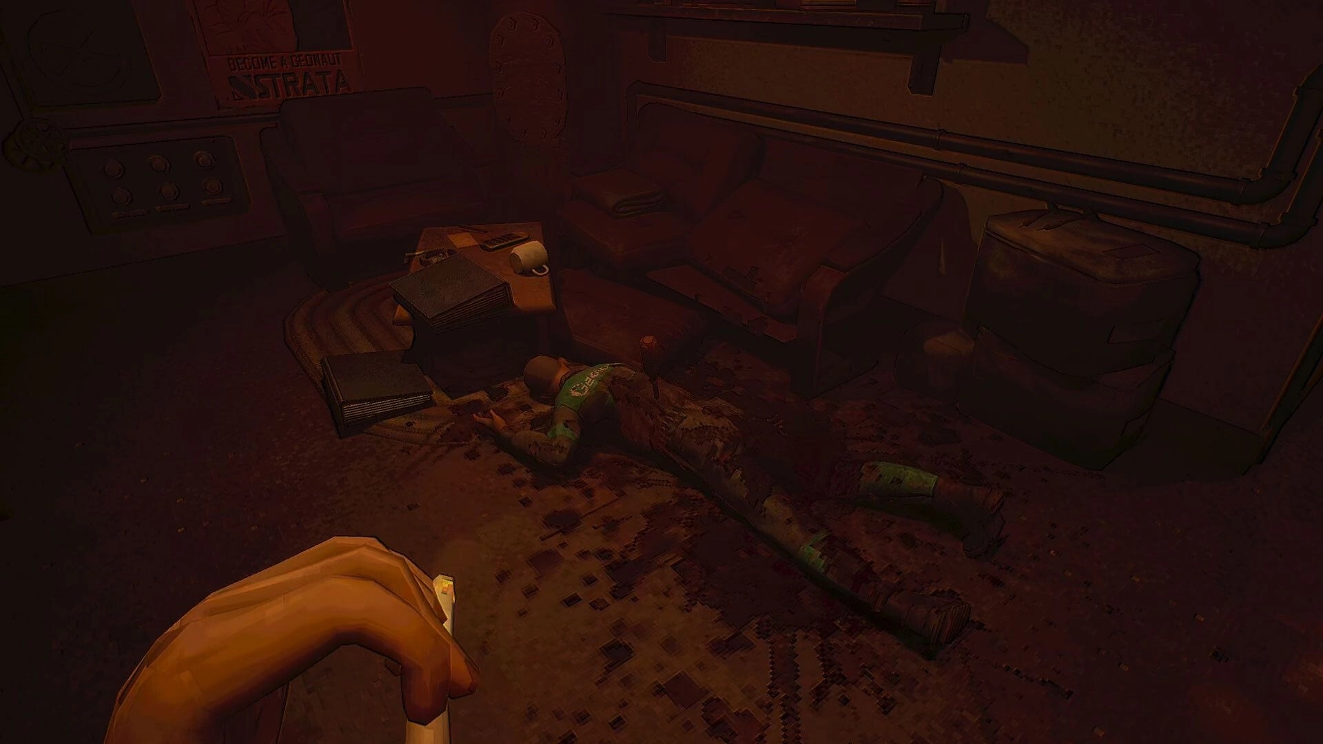 MOLE: Character lies motionless on a dimly lit floor, surrounded by cluttered furniture and a dark hand.