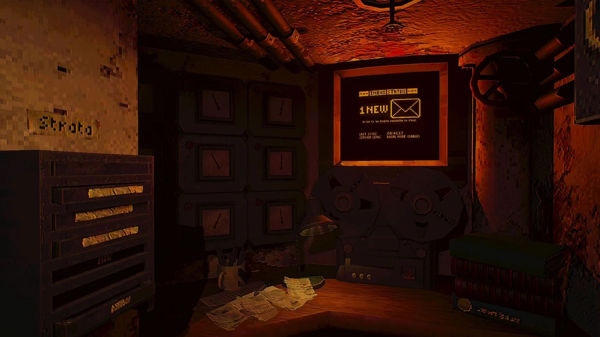 MOLE: Control room with vintage equipment, inbox message on screen, and scattered papers on the desk
