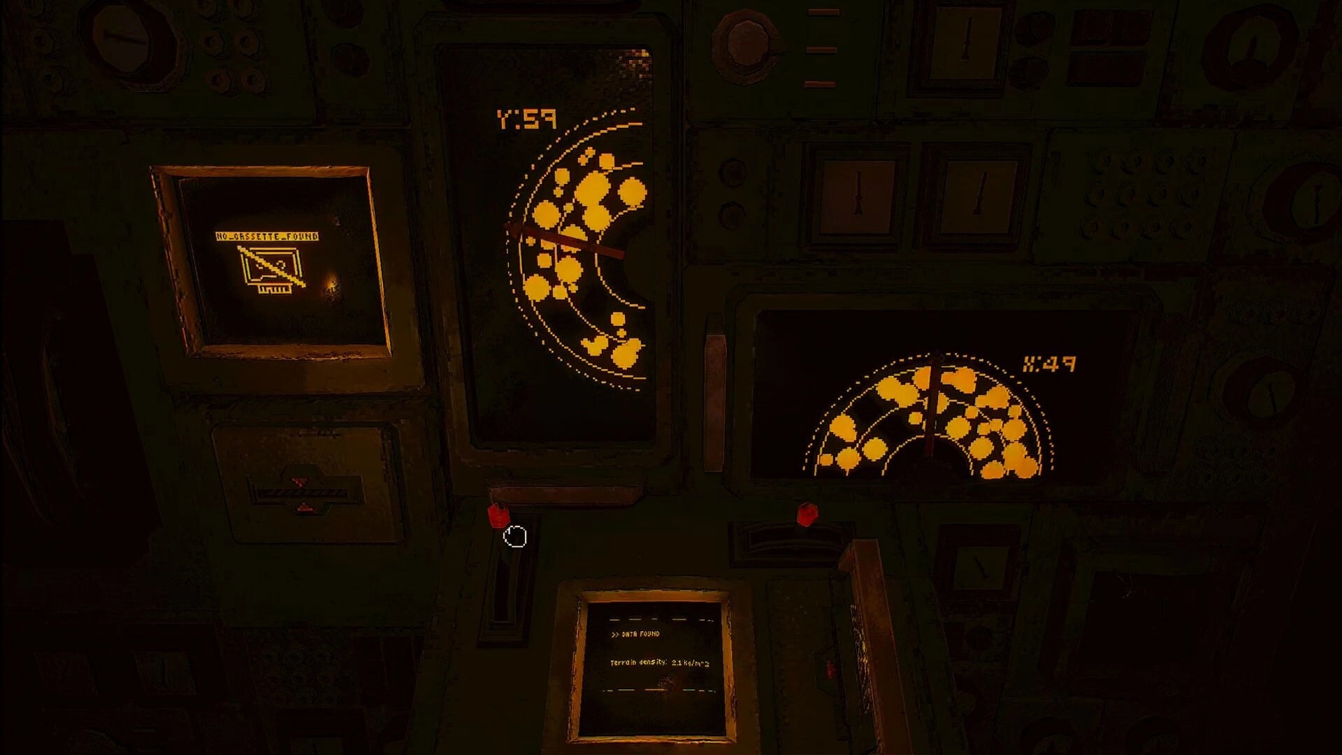 MOLE: Control panel with radar displays and warning message in dimly lit cockpit environment