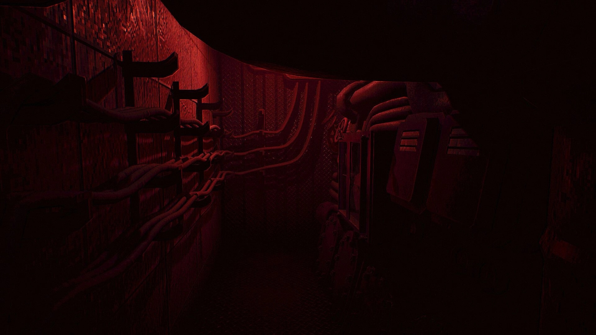 MOLE: Dimly lit corridor with red light, visible pipes, and machinery inside the drilling machine