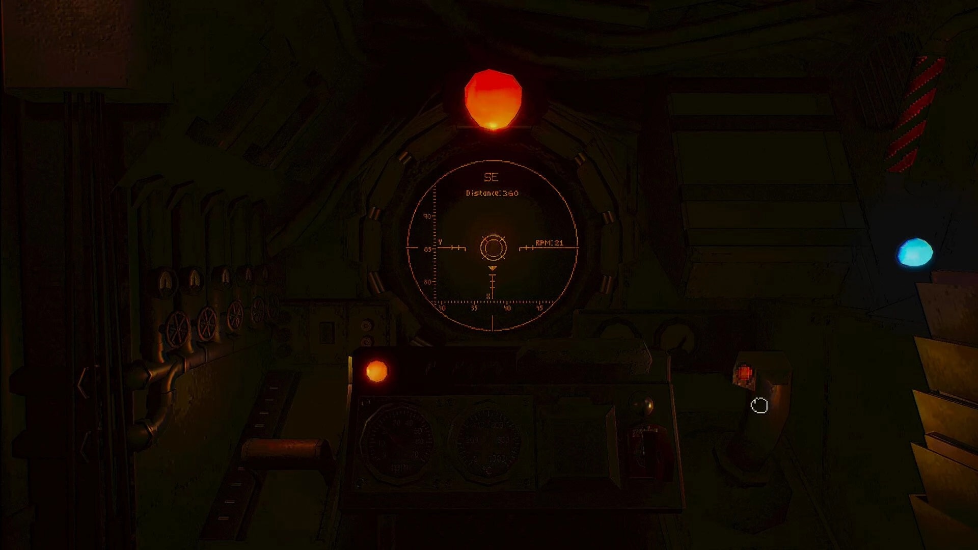 MOLE: Control panel with illuminated dials and gauges inside the dimly lit drilling machine cockpit