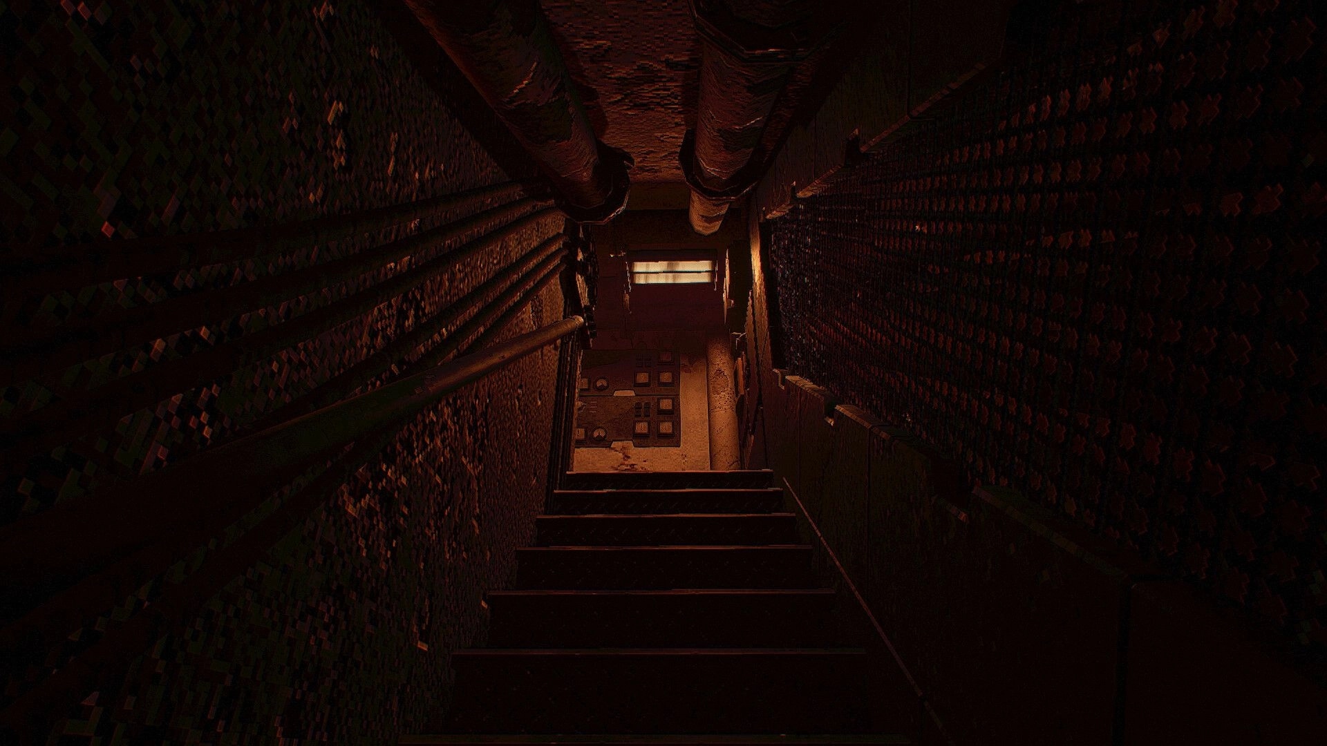 MOLE: Narrow, dimly lit corridor with pipes and stairs leading to a control panel in a claustrophobic setting.
