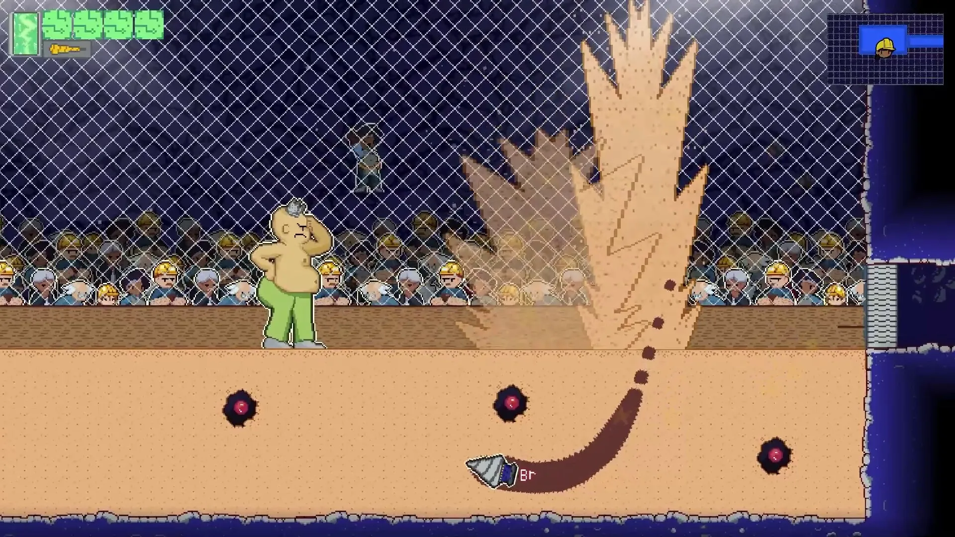 Mole Maiden: Penny drills underground in a combat arena with spectators behind a fence in R&D Mine