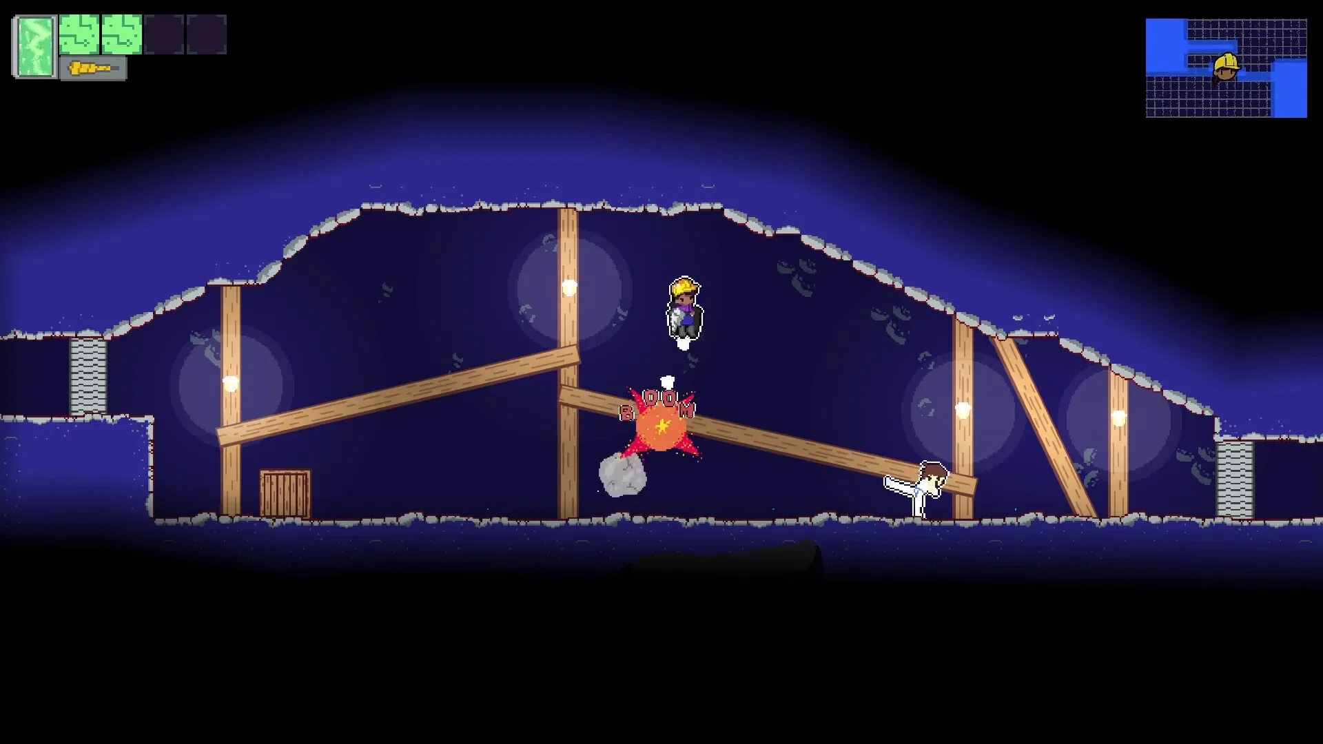 Mole Maiden: Penny jumping over an exploding enemy in a wooden cave with health bar and mini-map.