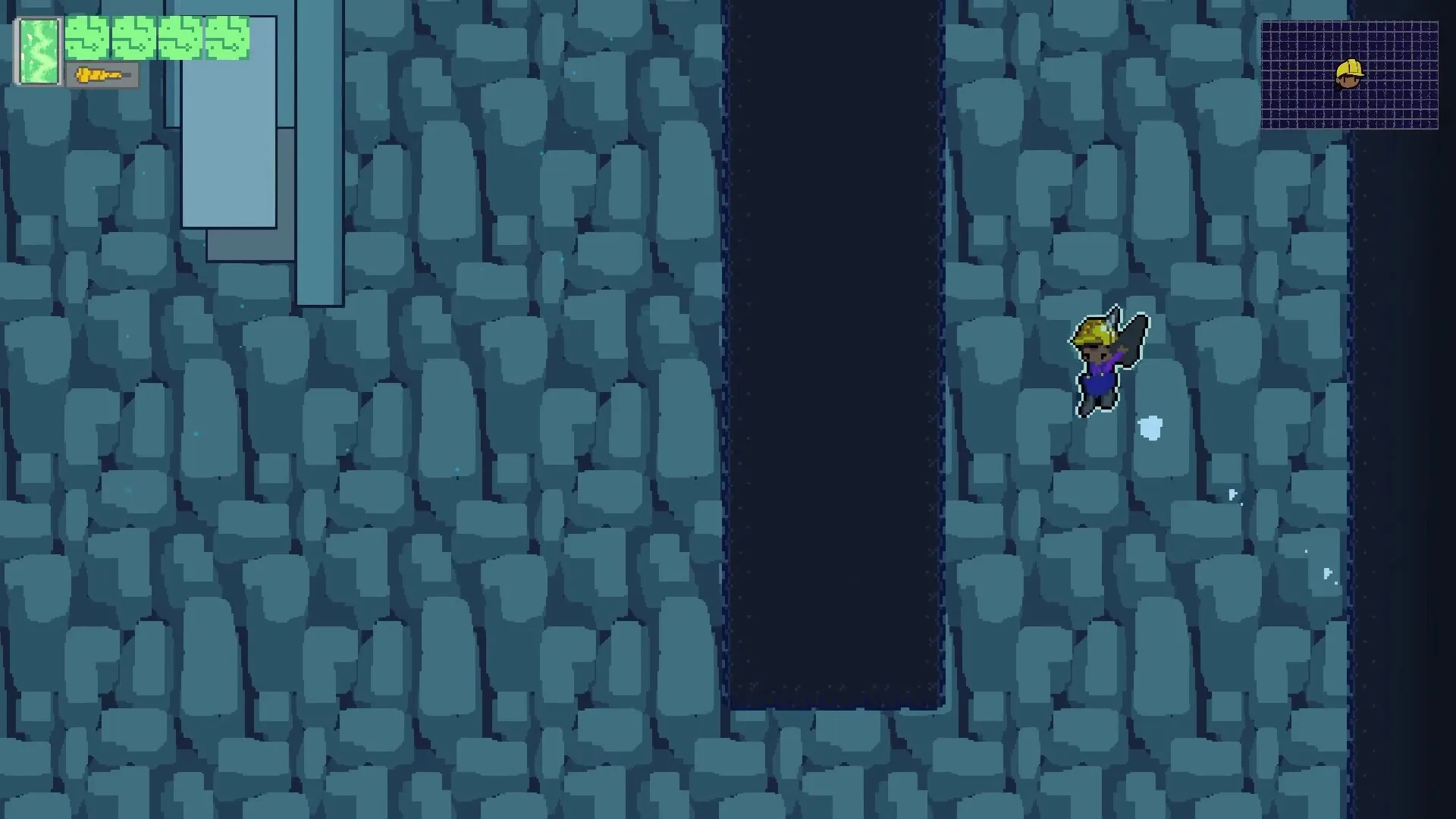 Mole Maiden: Penny climbing a stone wall with health bar and mini-map in underground cavern environment