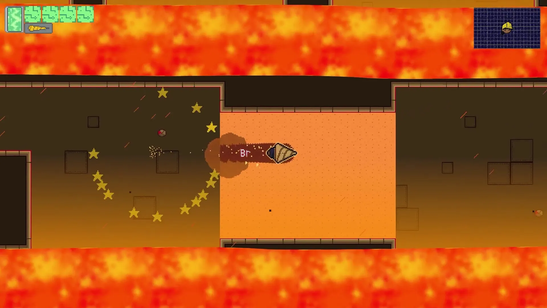 Mole Maiden: Penny drills through an underground tunnel with health bar and map in fiery setting