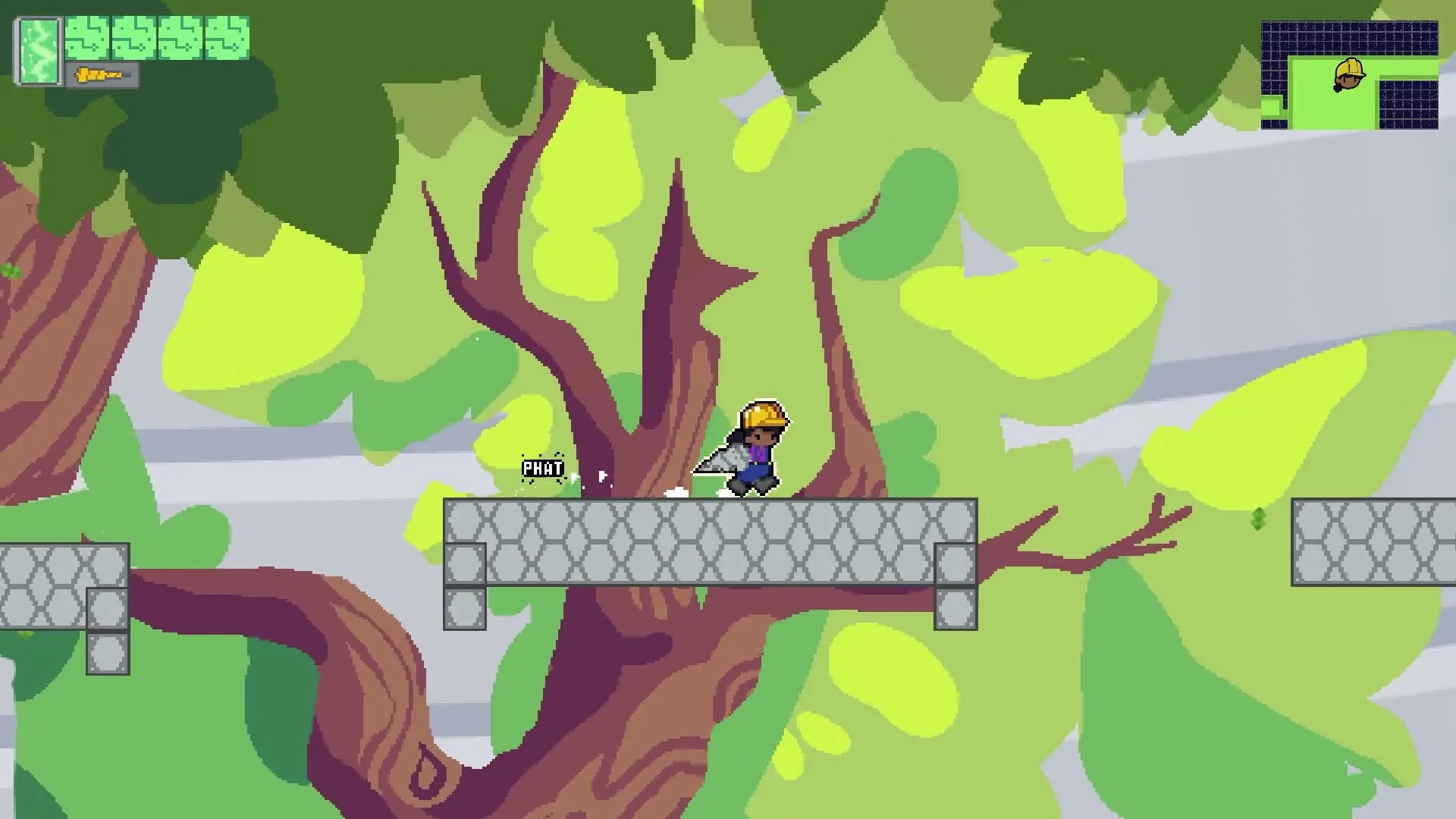 Mole Maiden: Penny traverses a tree branch platform in a vibrant forest with health bar and mini-map.
