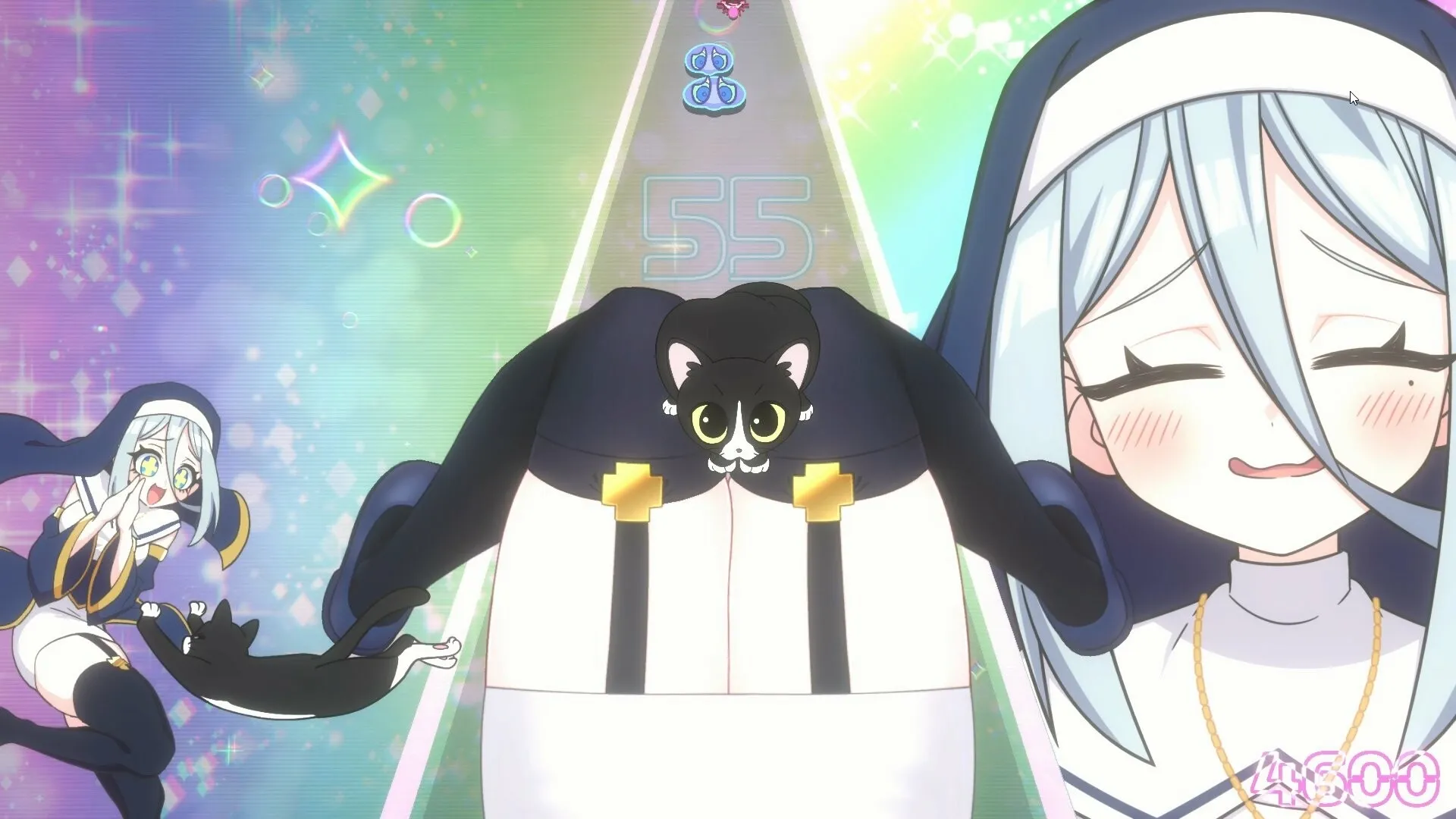MOMO Crash: Character with cat pinching souls in rhythm on colorful track with score and effects visible