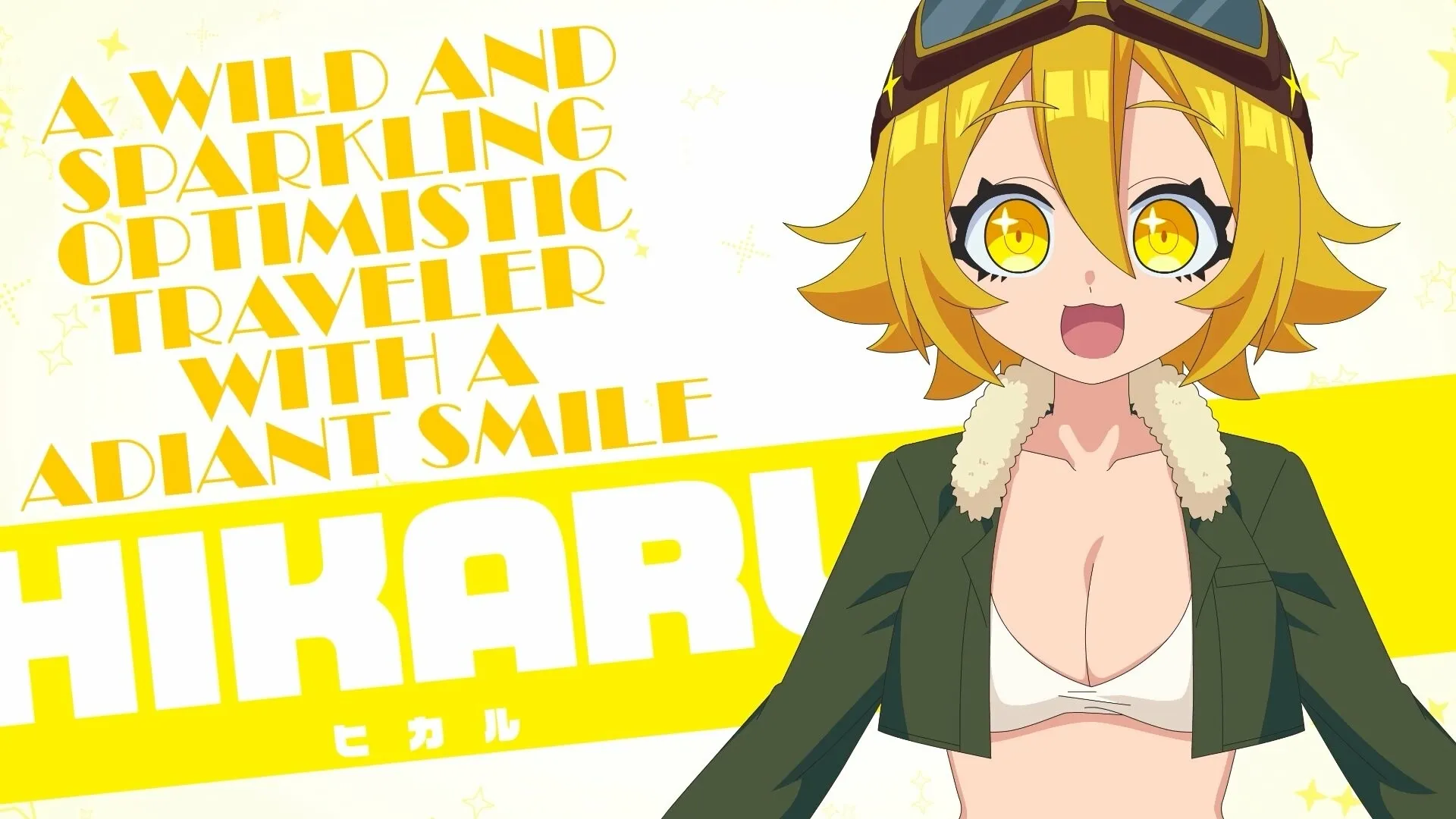 MOMO Crash: Hikaru character introduction with bold text and bright, cheerful design elements.