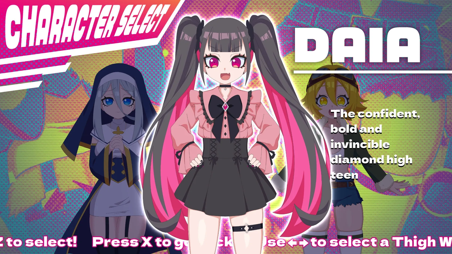 MOMO Crash: Character selection screen featuring Daia with bold text and colorful background.