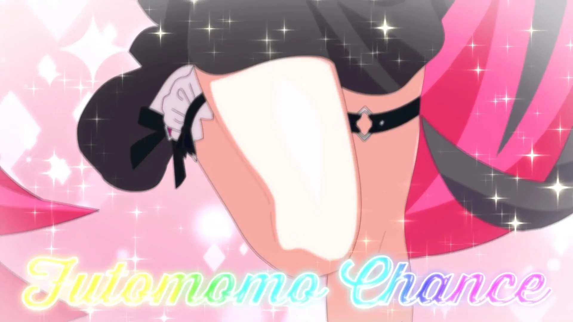 MOMO Crash: Close-up of character's thigh with sparkling effects in a pink, glittery background.