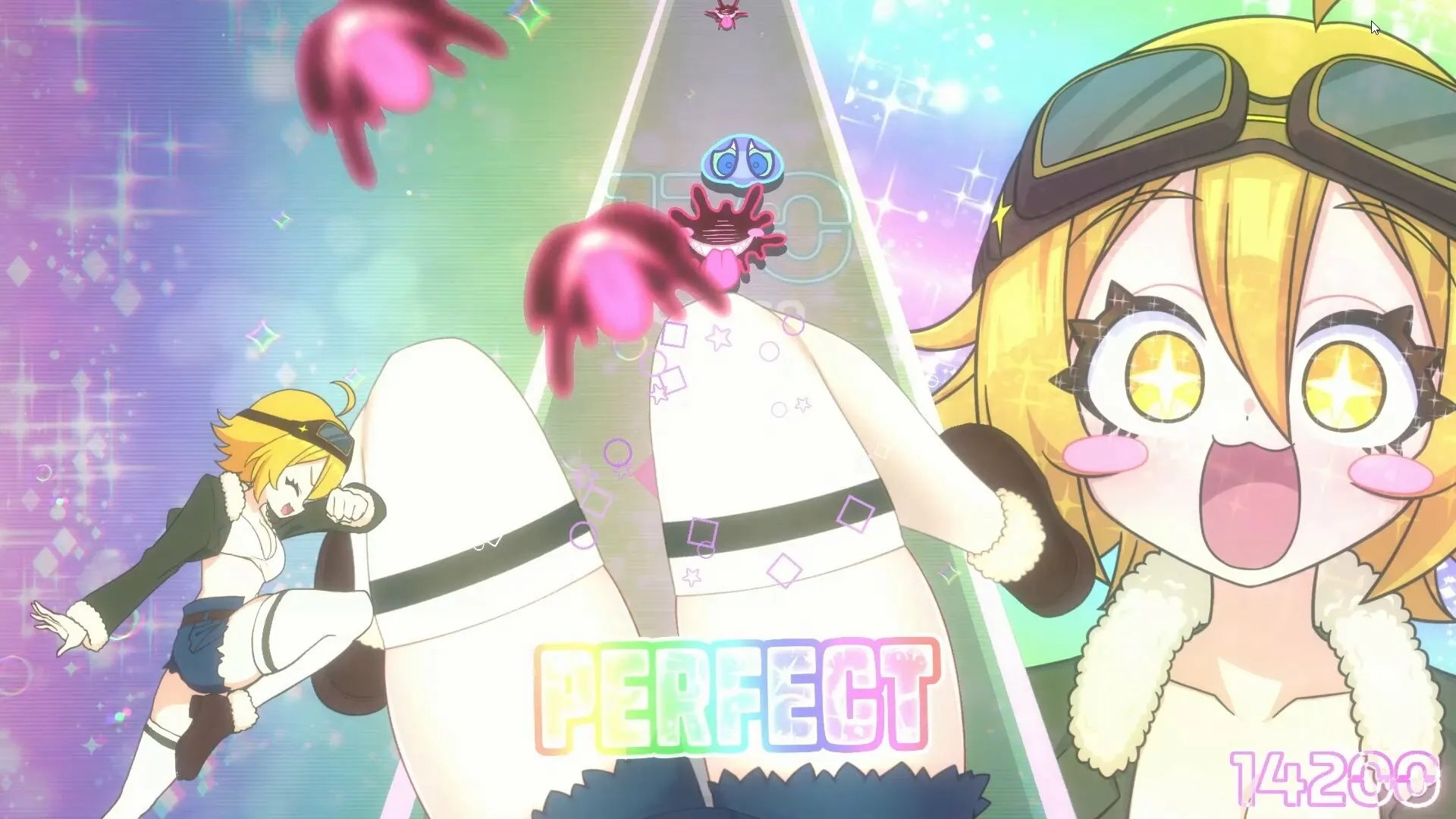 MOMO Crash: Character pinches souls with thighs in rhythm; colorful background, "PERFECT" displayed.