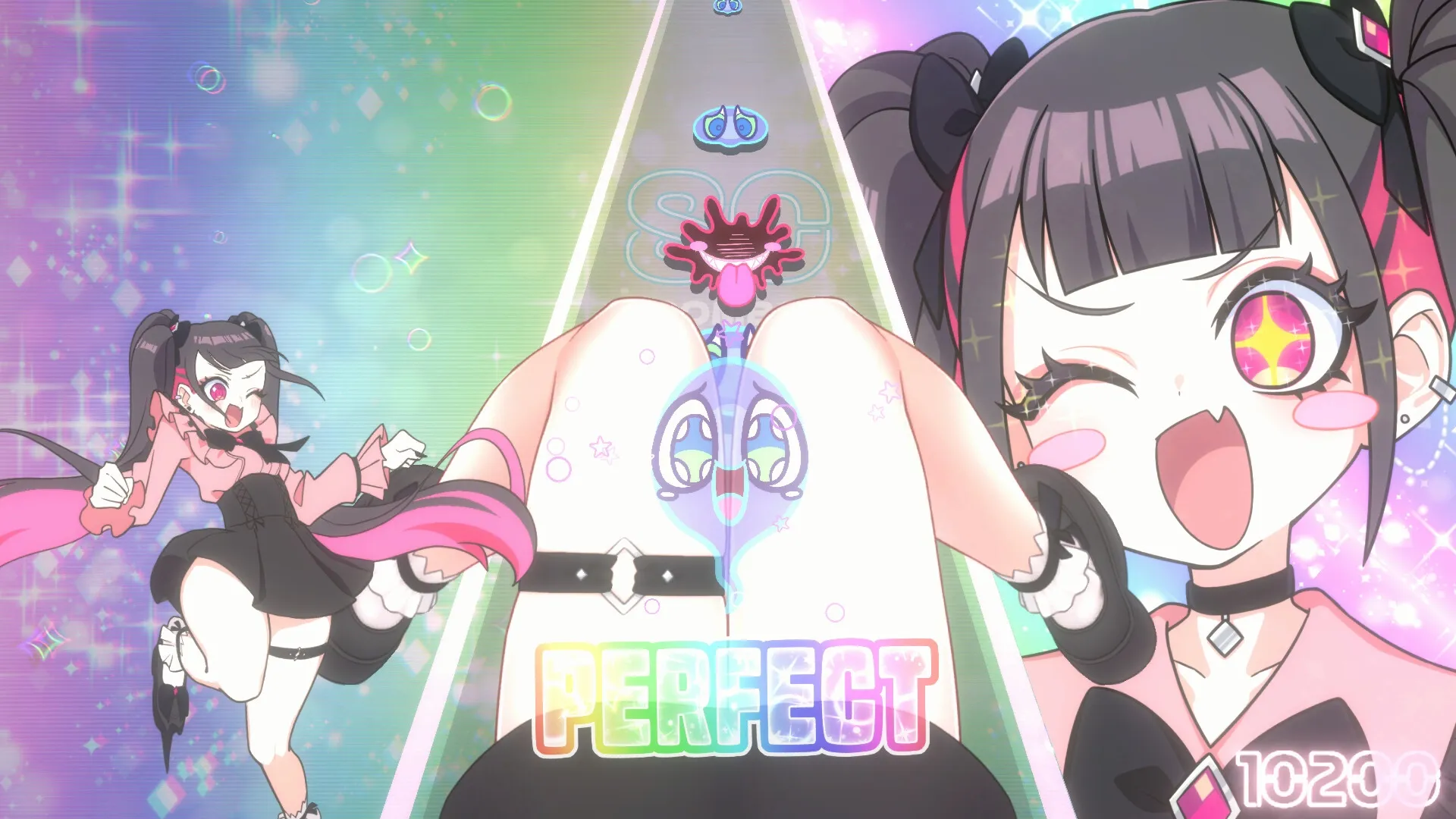 MOMO Crash: Animated girl pinches souls with thighs on colorful rhythm track, score 10200 shown
