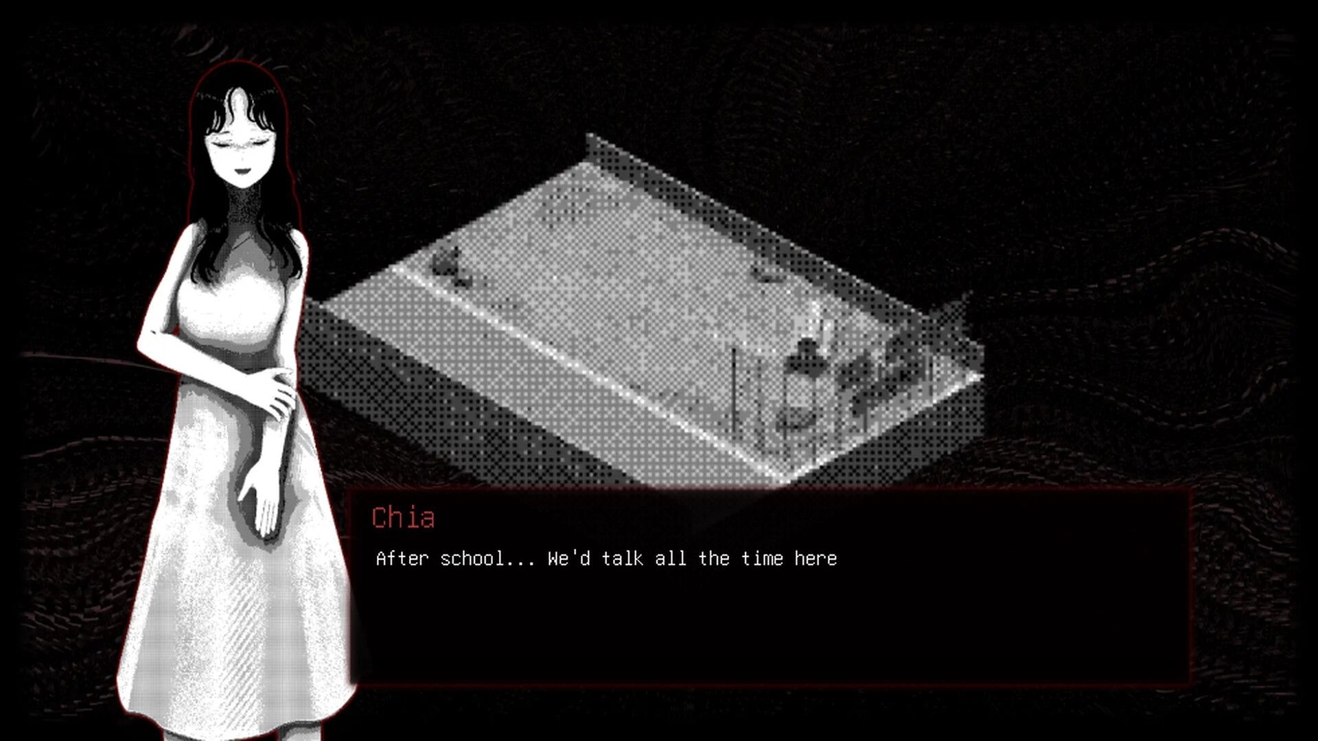 Momo Don’t Leave: Chia portrait beside dialogue box, isometric park scene with path and lampposts.