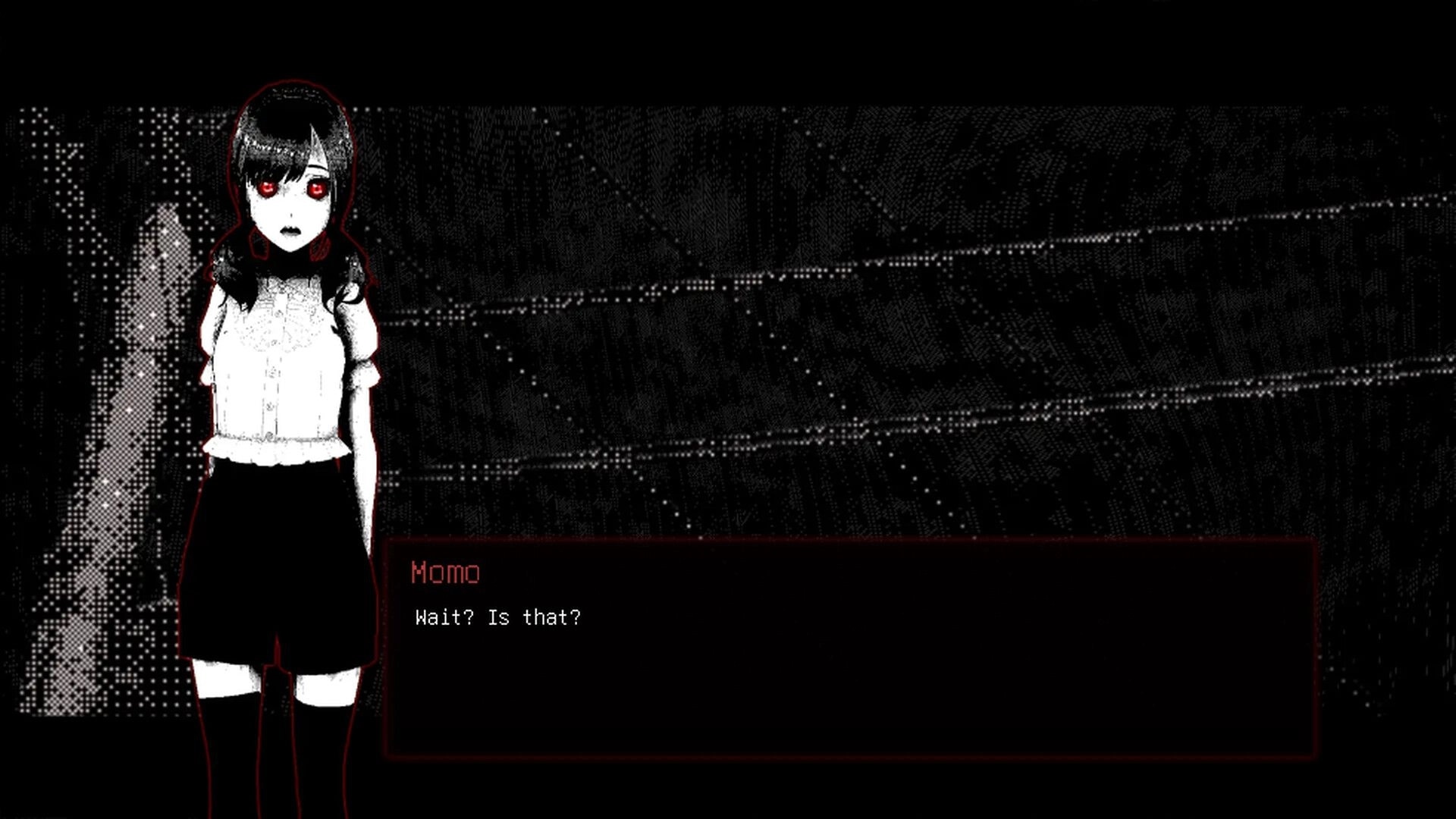 Momo Don’t Leave: Momo sprite with red eyes beside dialogue box in glitchy monochrome street scene.