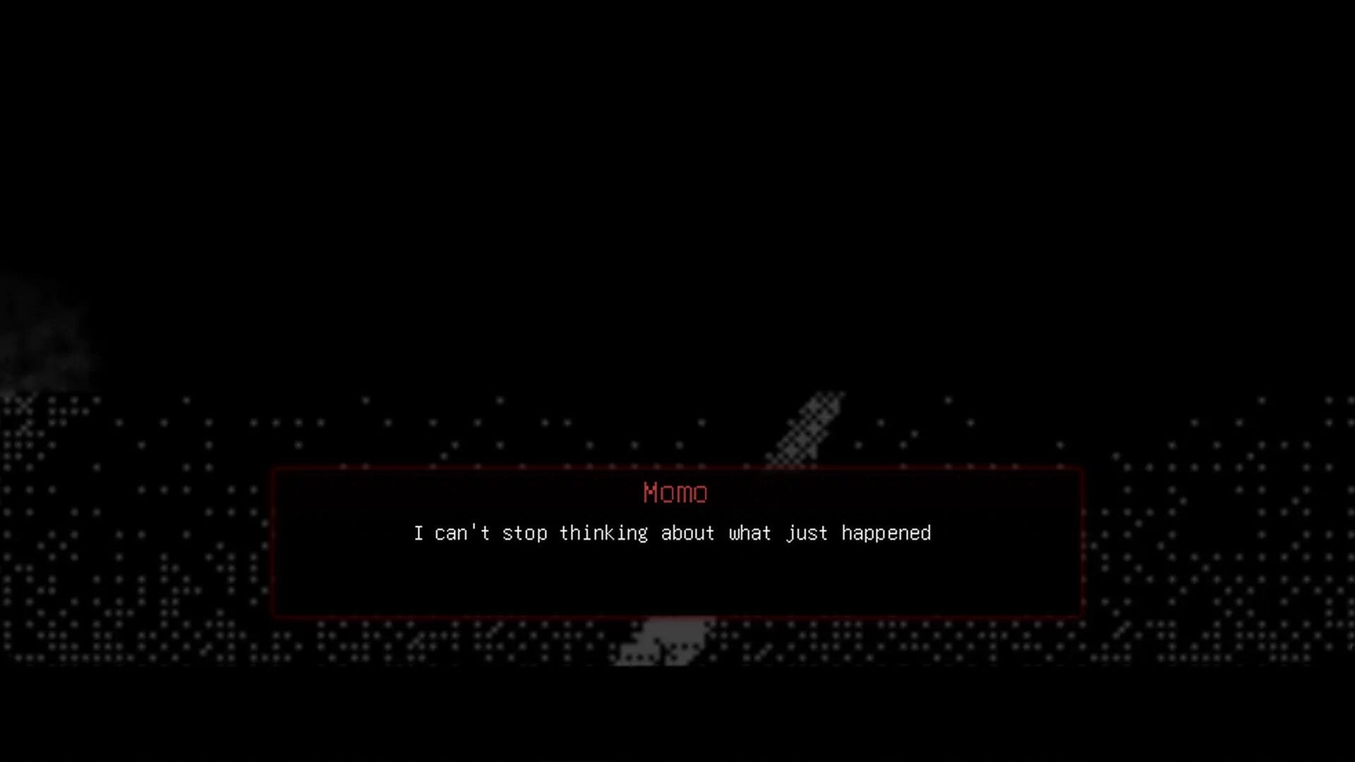 Momo Don’t Leave: Dialogue box with Momo’s text over a dark, pixelated night scene outdoors.