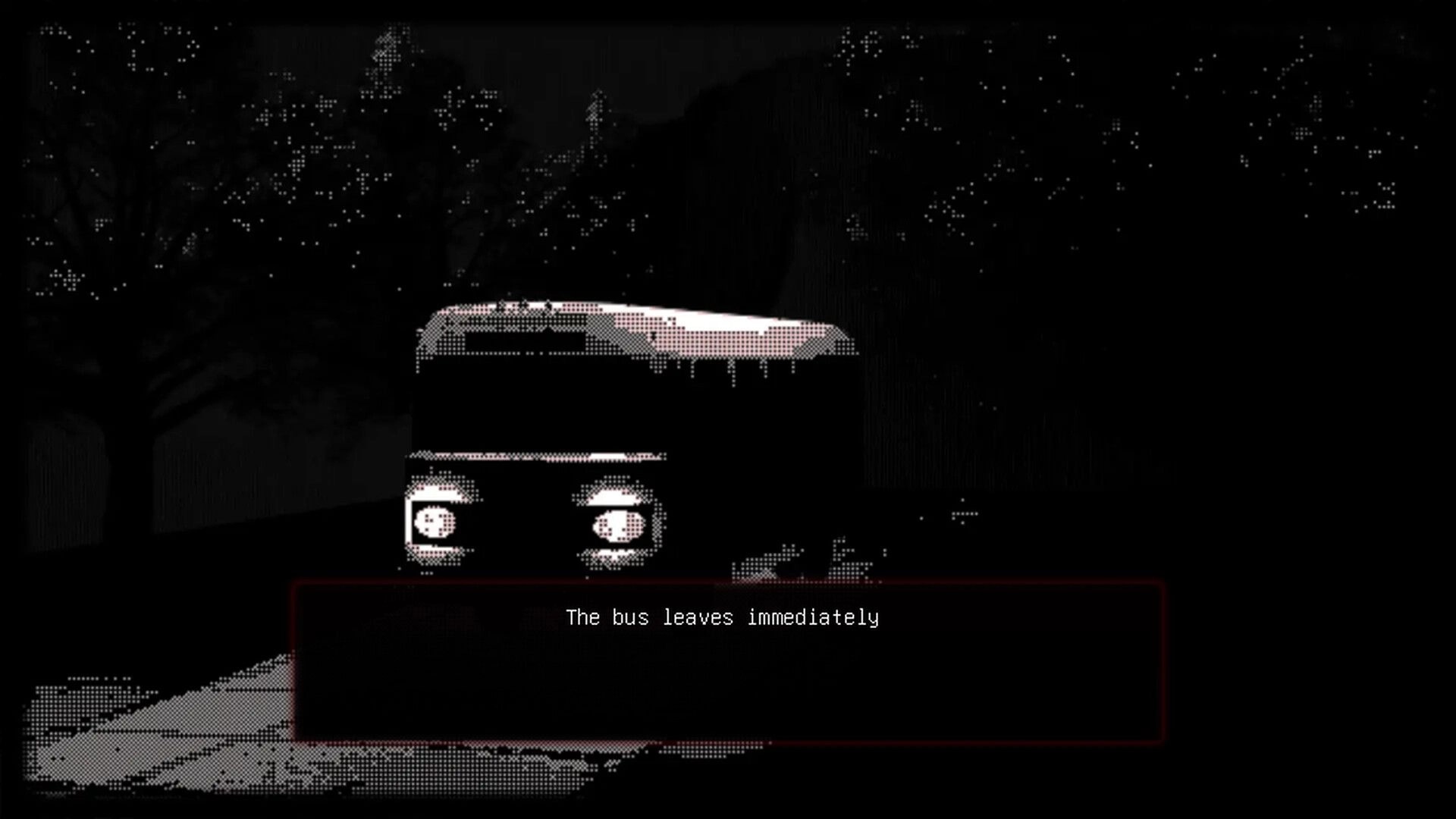 Momo Don’t Leave: Pixel bus idling in a dark forest road, dialogue box reads “The bus leaves immediately”.