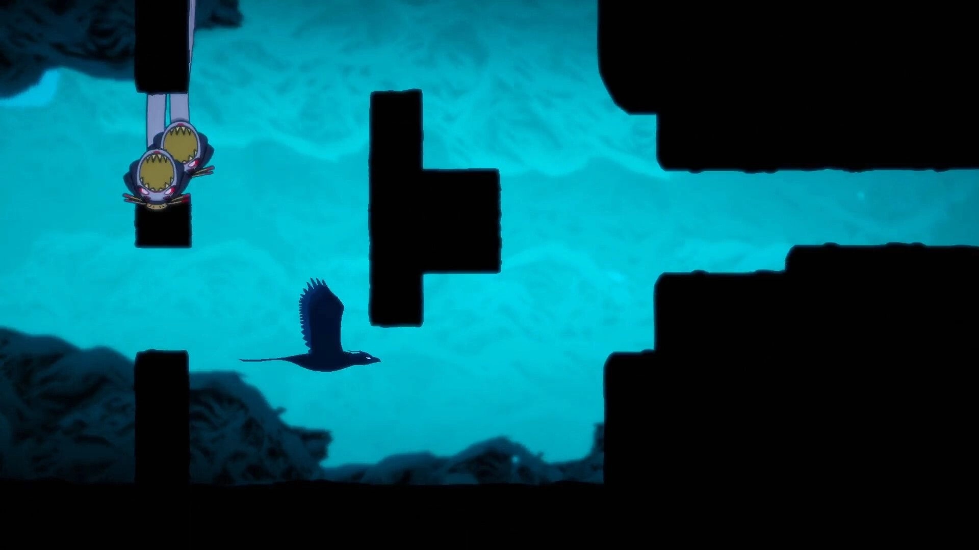 Momogatari: Silhouette of a bird flying through dark cave with glowing blue background