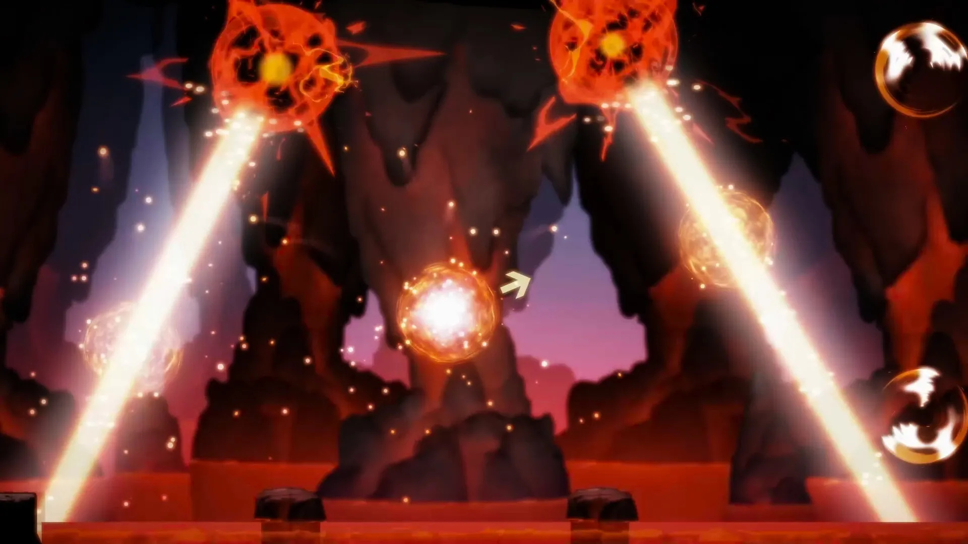 Momogatari: Fiery Yokai energy beams in a cavernous setting with glowing orbs and rocky terrain