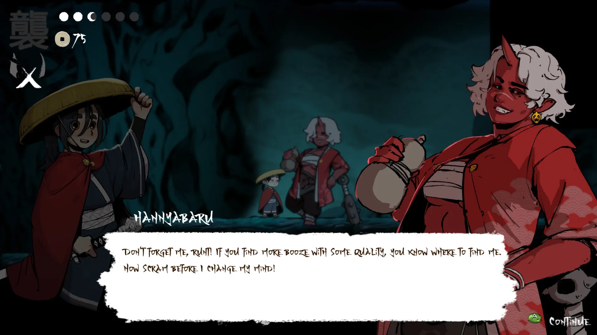 Momogatari: Dialogue with Hannyabaru in a dark cave, character holding a hat, UI elements visible.