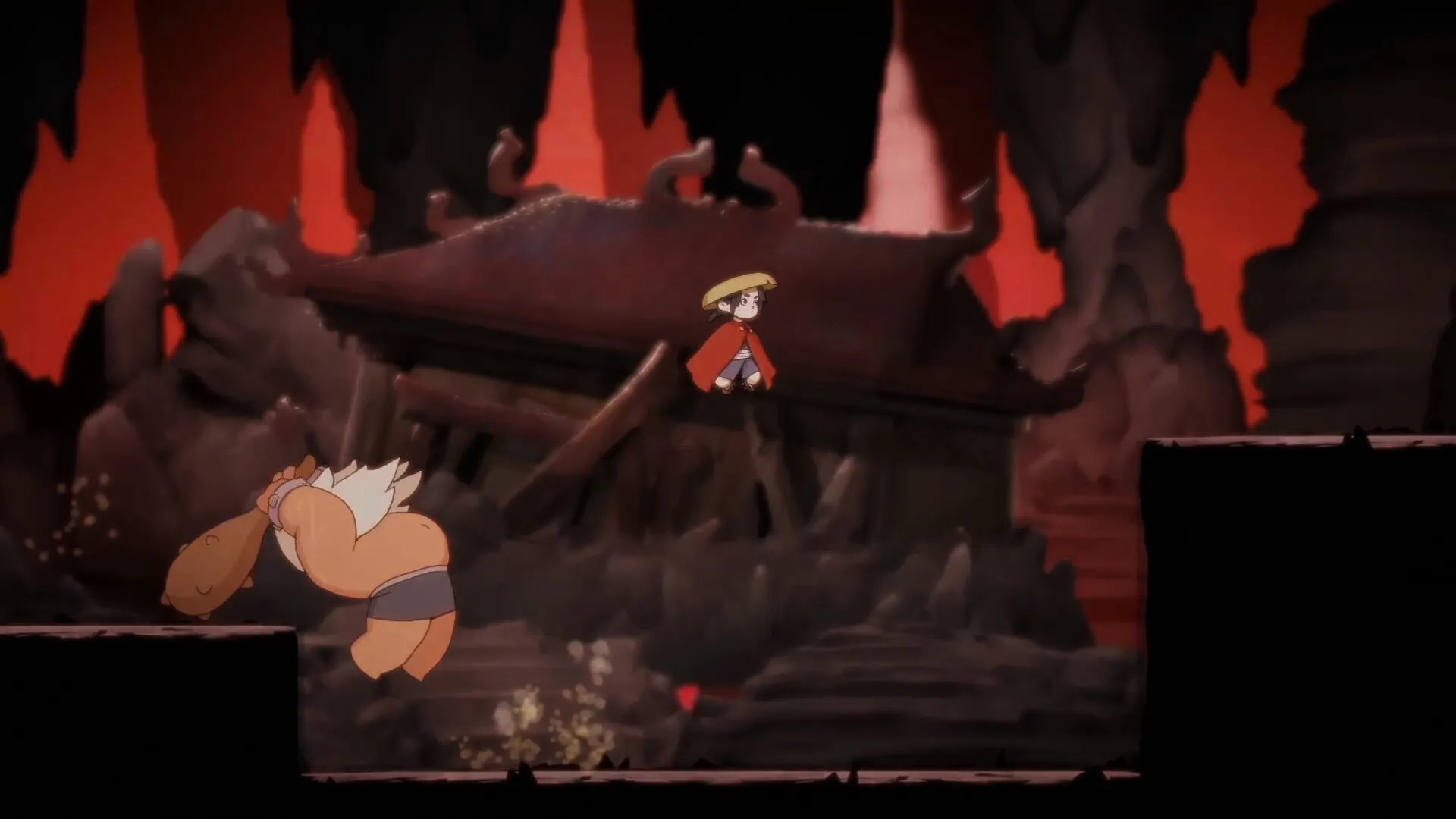 Momogatari: Character jumping over a large Yokai in a fiery cave environment with rocky terrain