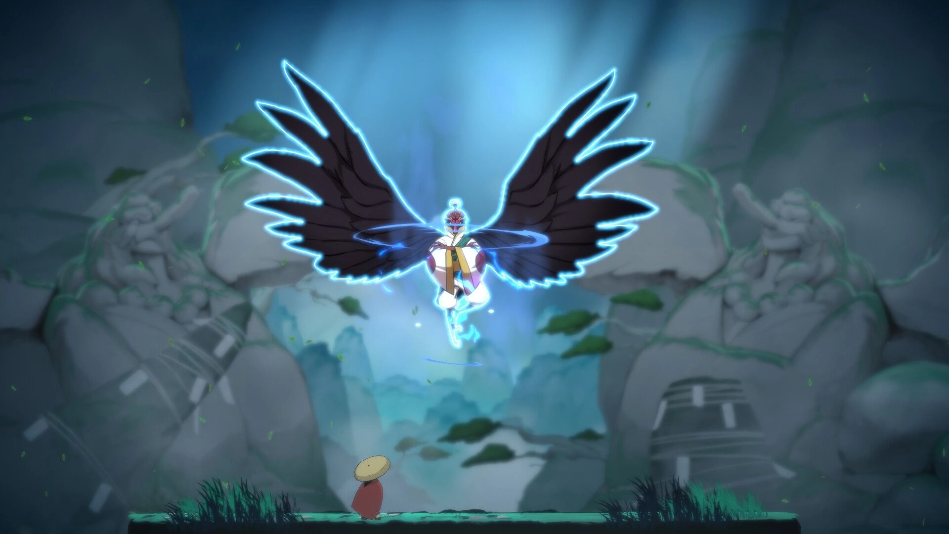 Momogatari: A winged Kami descends before a lone traveler in a mystical forest clearing.