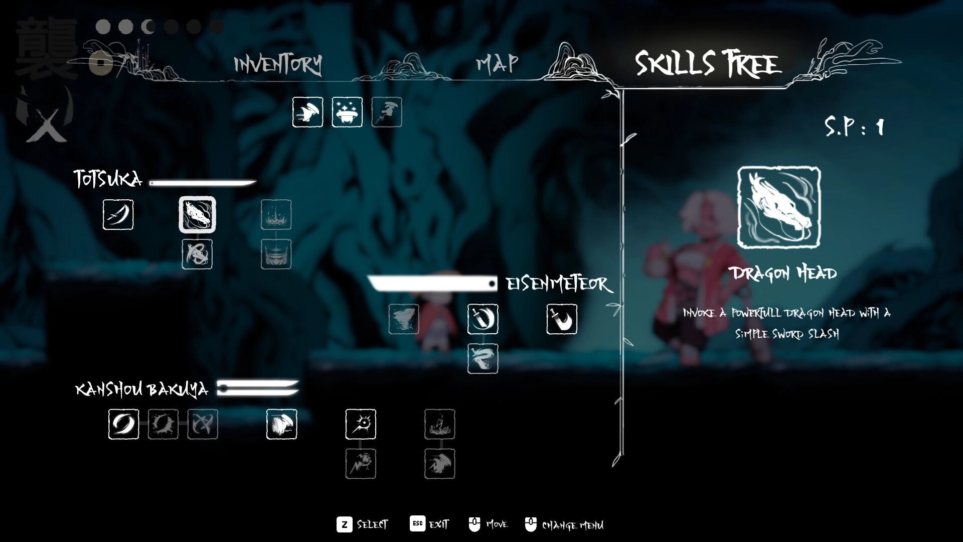 Momogatari: Skills tree menu displaying Dragon Head skill in dark, mystical forest setting