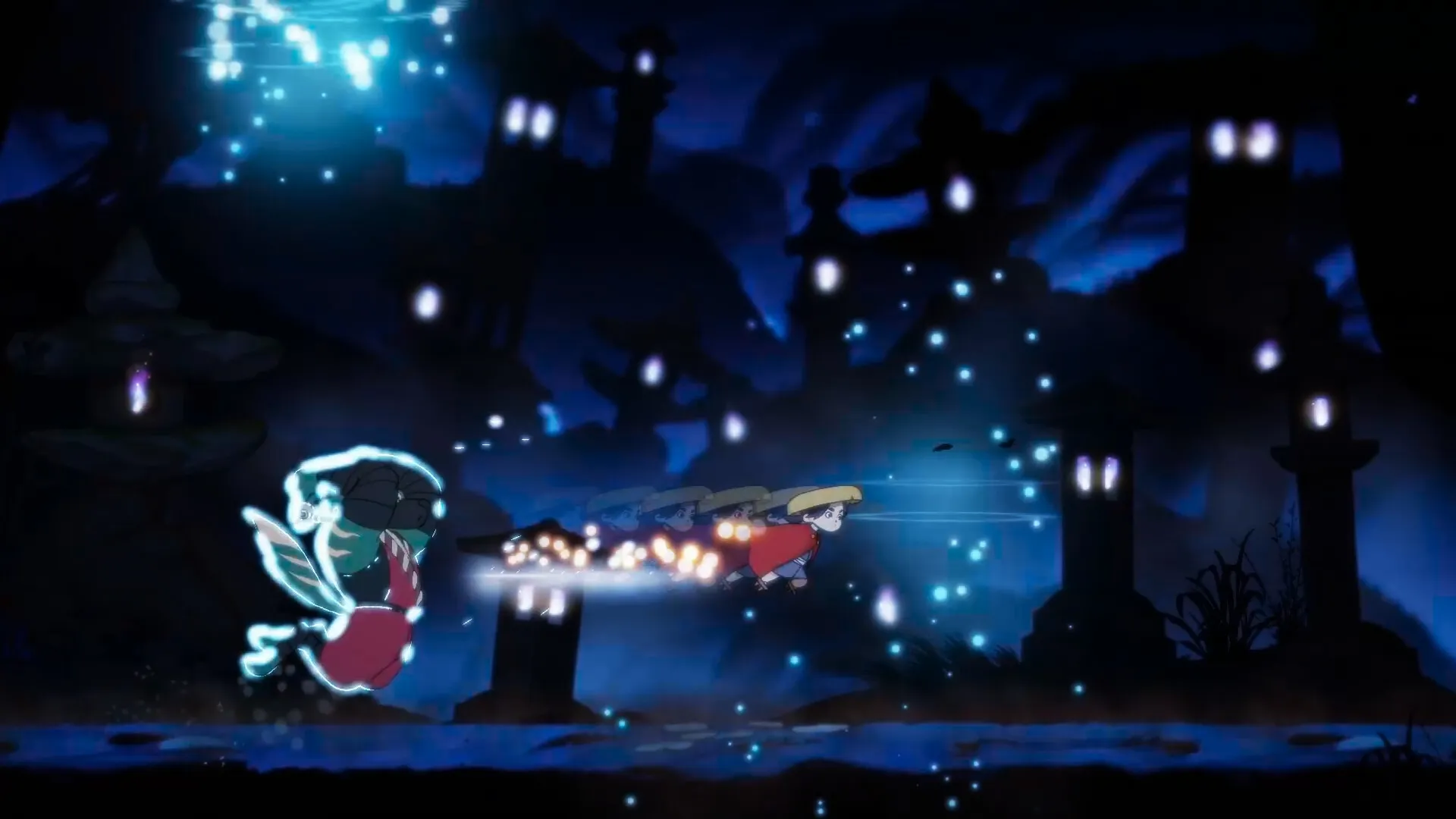 Momogatari: Character dashes through dark, mystical landscape with glowing orbs and shadowy structures.