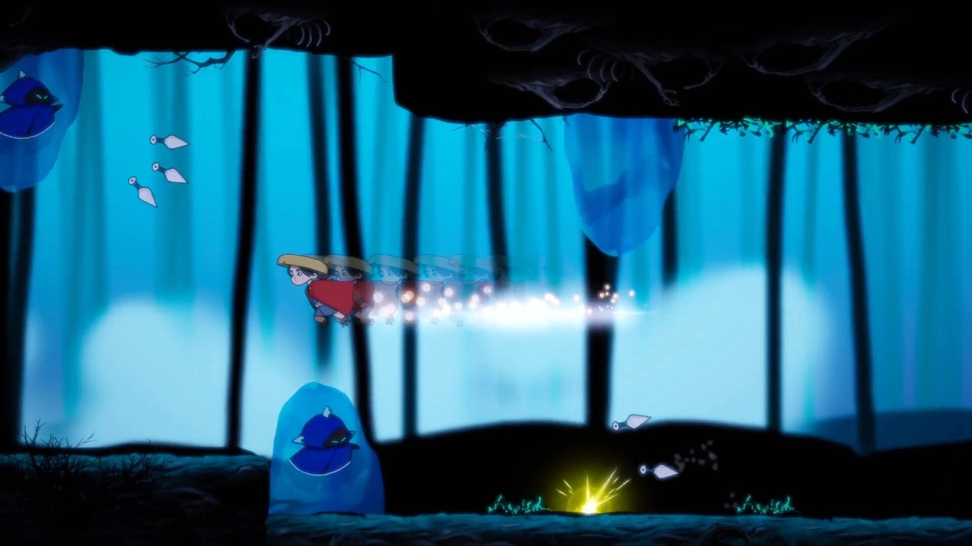 Momogatari: Character dashing through a glowing forest tunnel with Yokai nearby and projectiles flying
