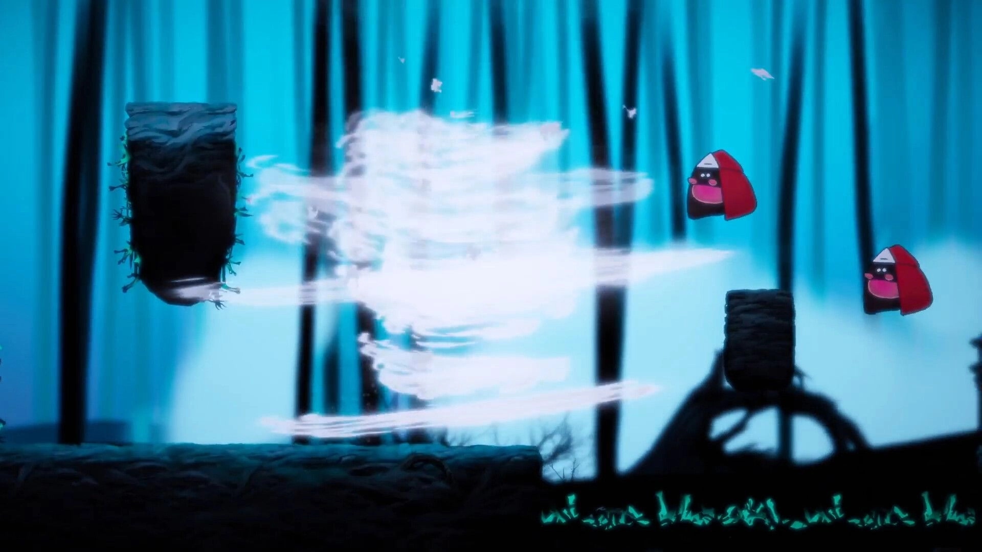 Momogatari: Character leaps across platforms in a mystical forest with swirling energy and shadows