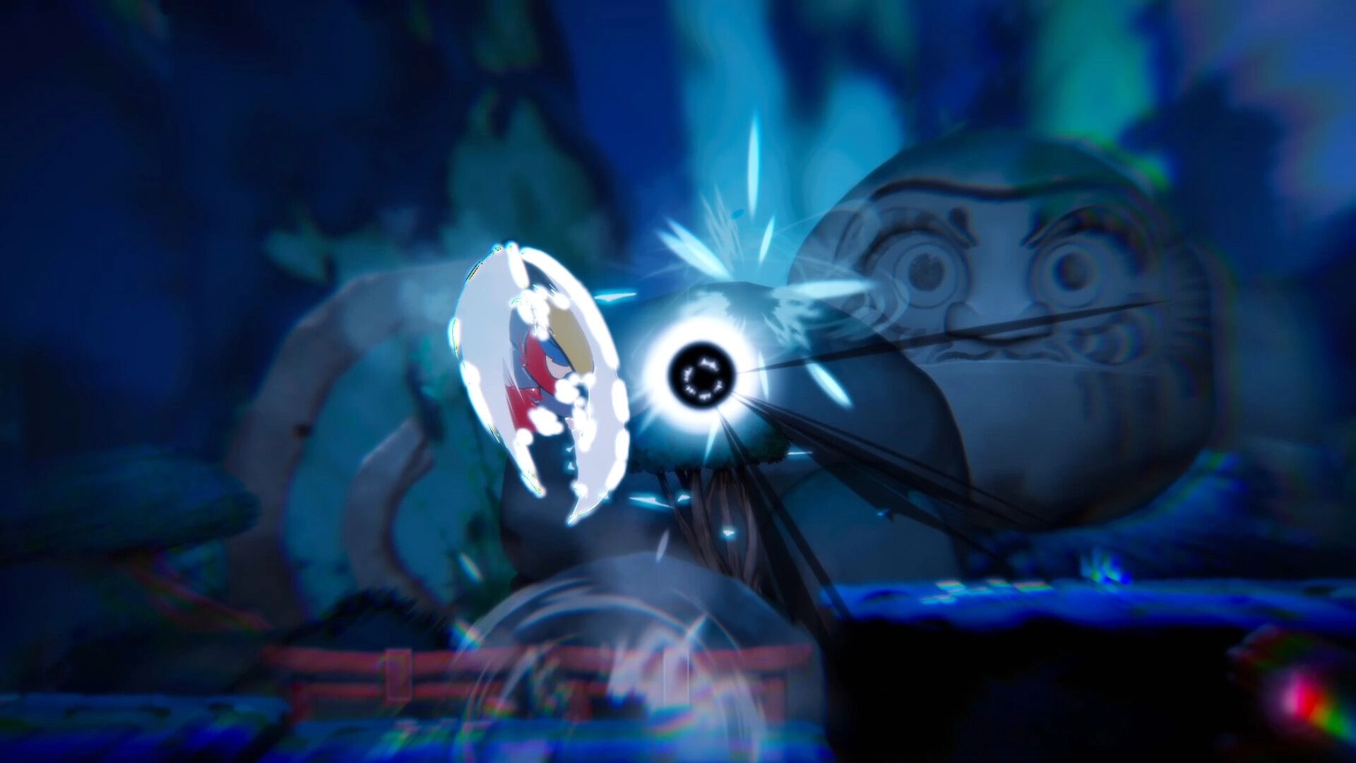 Momogatari: Character deflecting a dark energy attack in a mystical forest with glowing blue lights