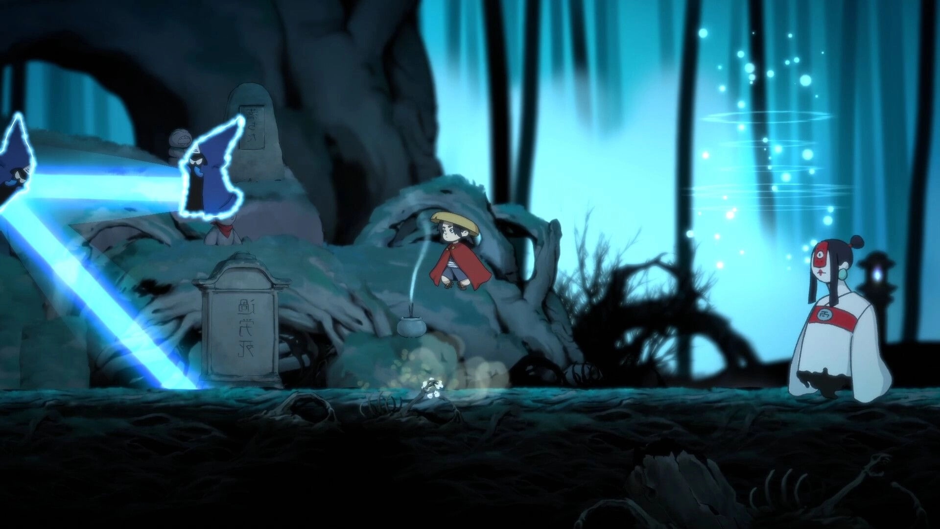 Momogatari: Character in red cape jumps near glowing Yokai and spirit in mystical forest setting