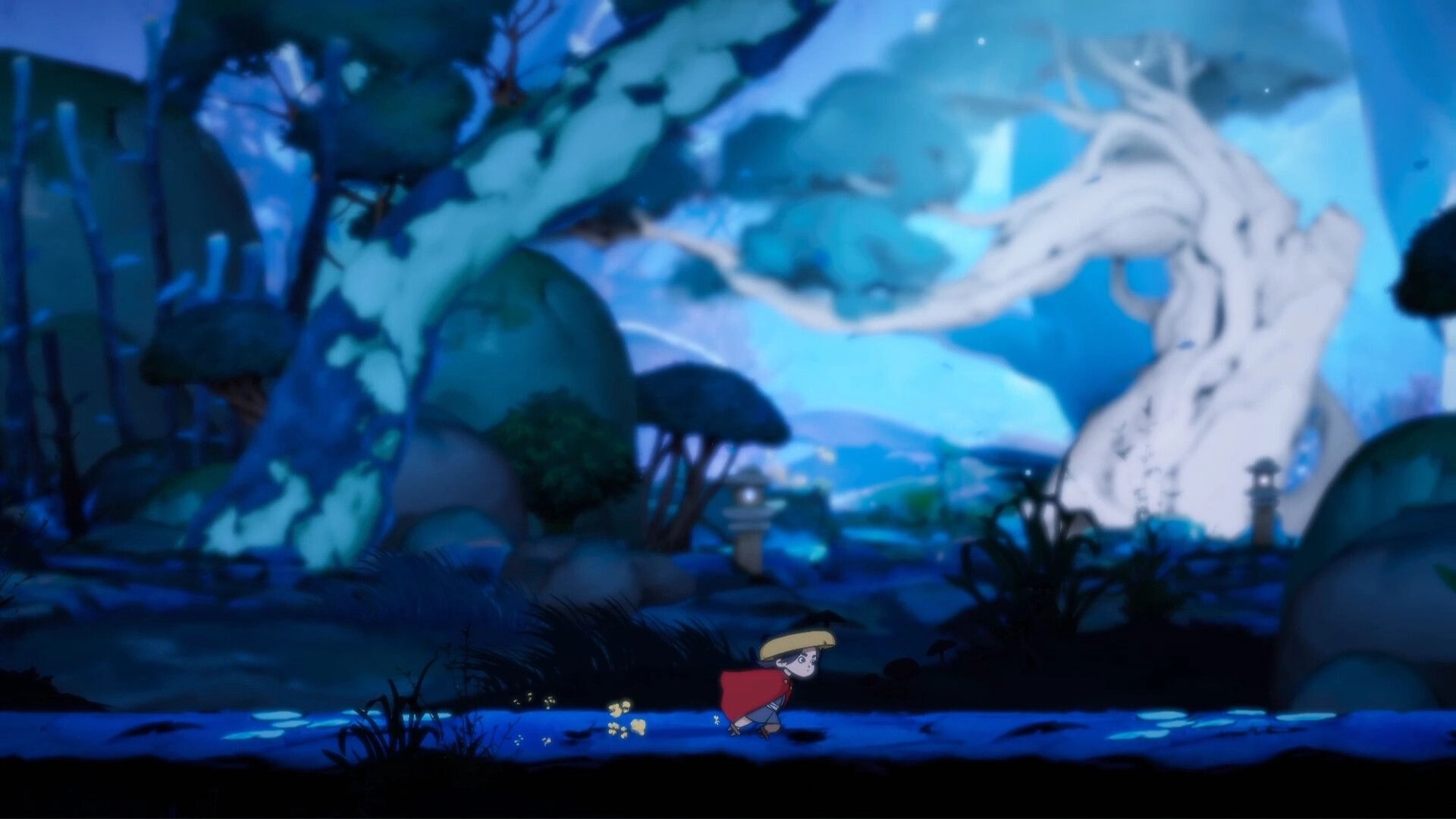 Momogatari: Character in red cloak running through mystical forest with glowing trees and lanterns
