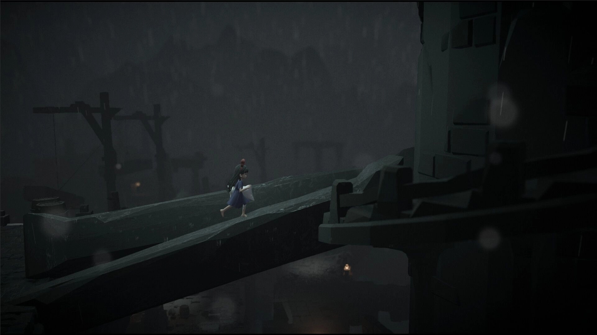 Mona: Traversing a dark, misty bridge with pillow in hand, eerie structures loom in the background.