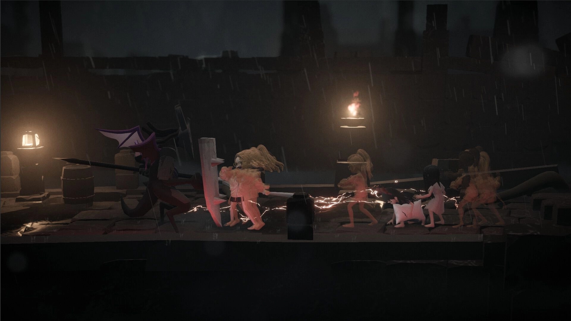 Mona: Characters with a dragon companion navigate a dimly lit dungeon, torches casting eerie shadows.