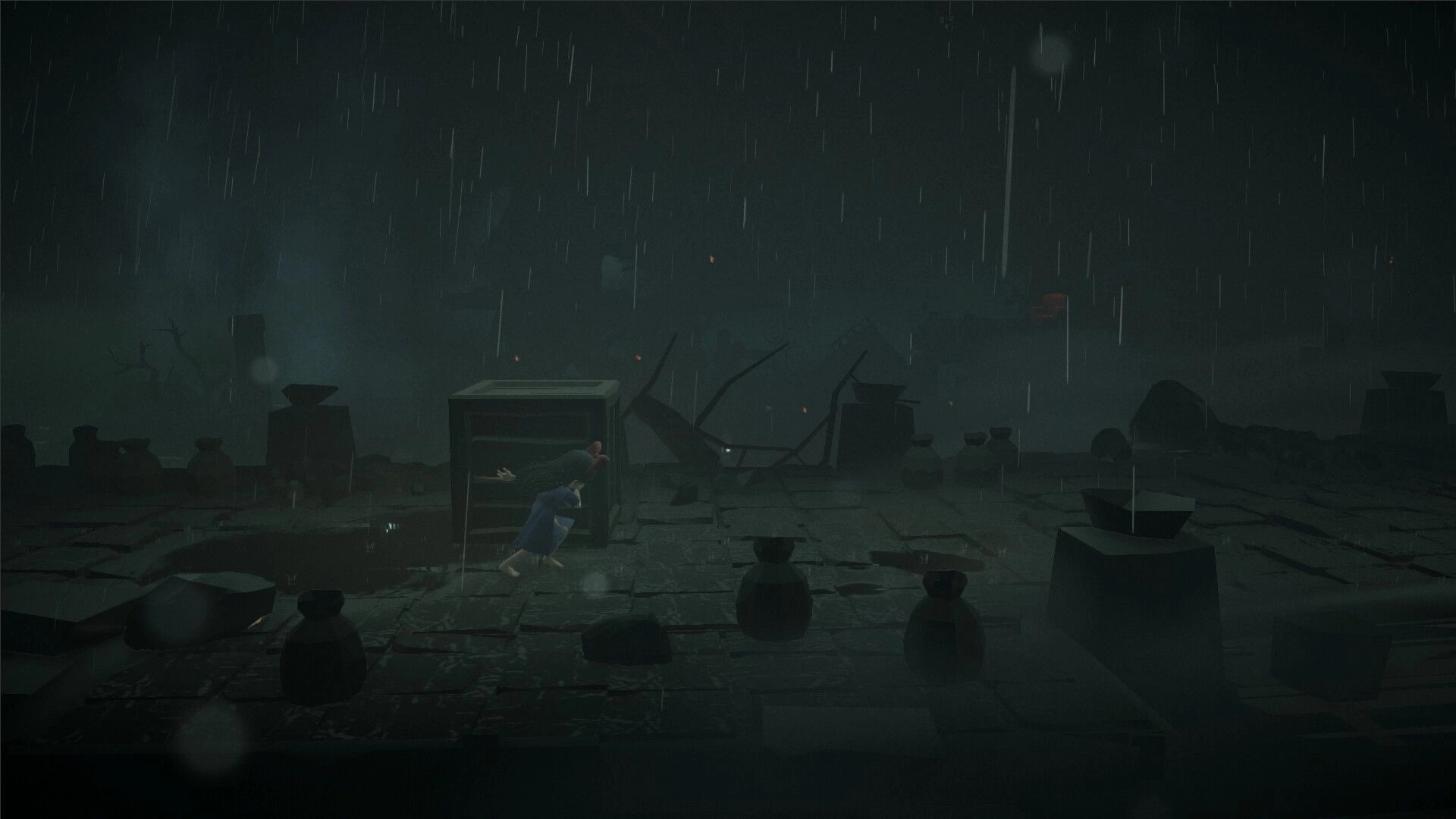 Mona: Running through a rainy, eerie courtyard filled with scattered pots and debris at night.