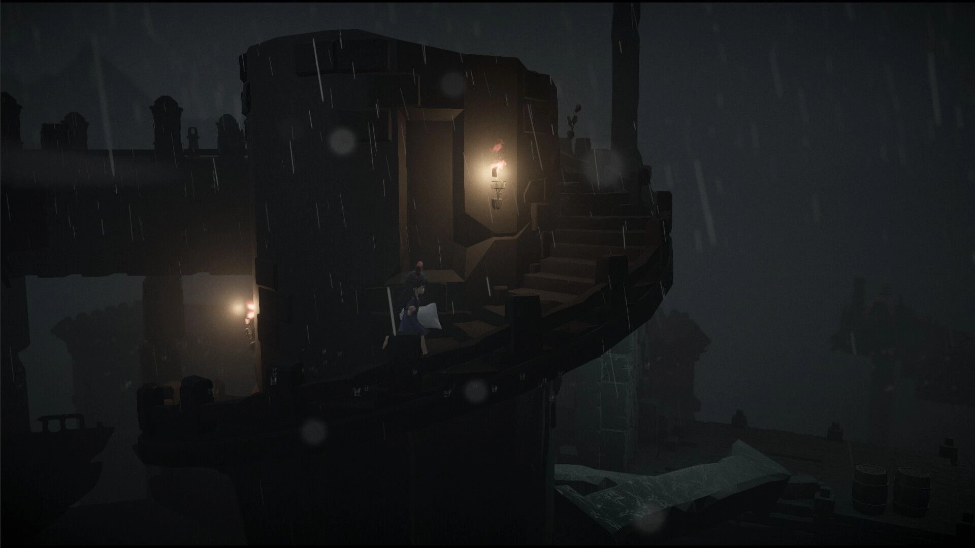 Mona: Ascending dark spiral staircase in rainy night, carrying pillow, lit by wall torch on tower