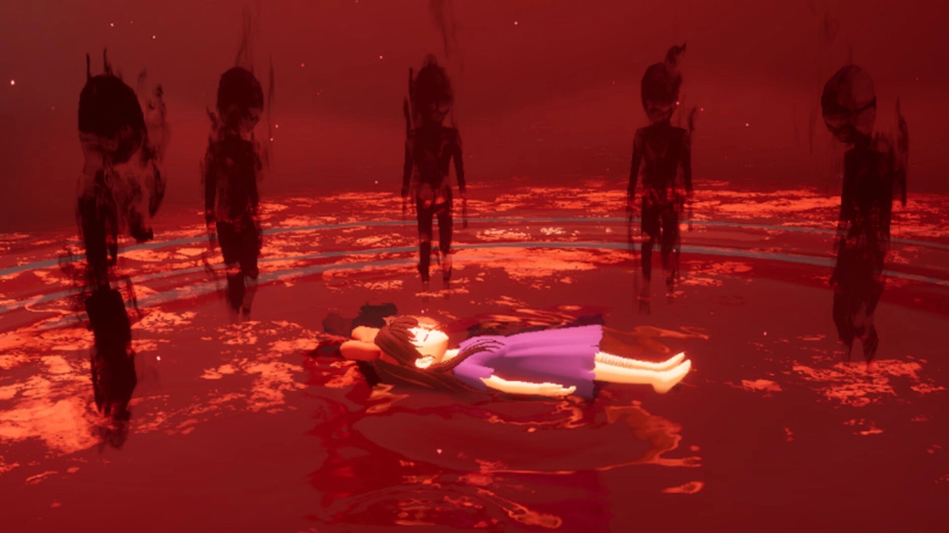 Mona: Floating in a red liquid surrounded by shadowy figures in a dark, eerie environment