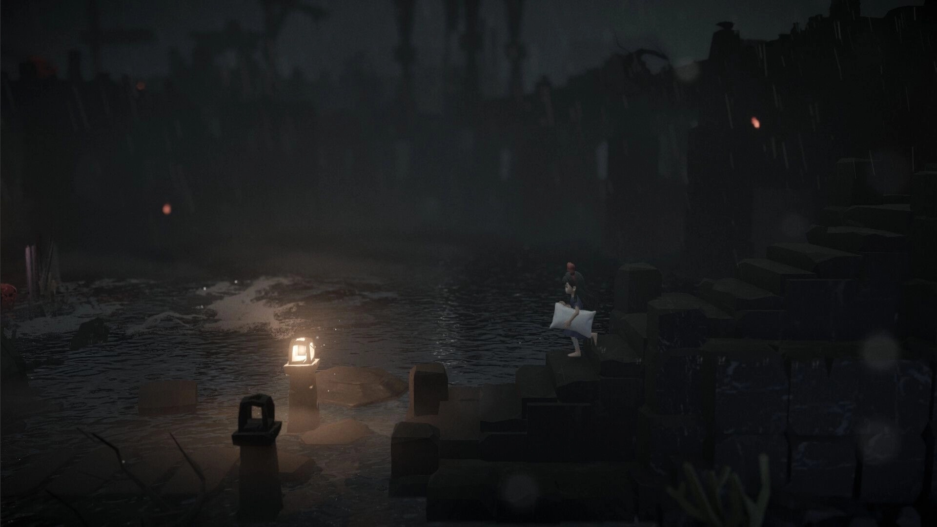Mona: Walking across stone steps carrying a pillow in a dark, eerie landscape with glowing lanterns