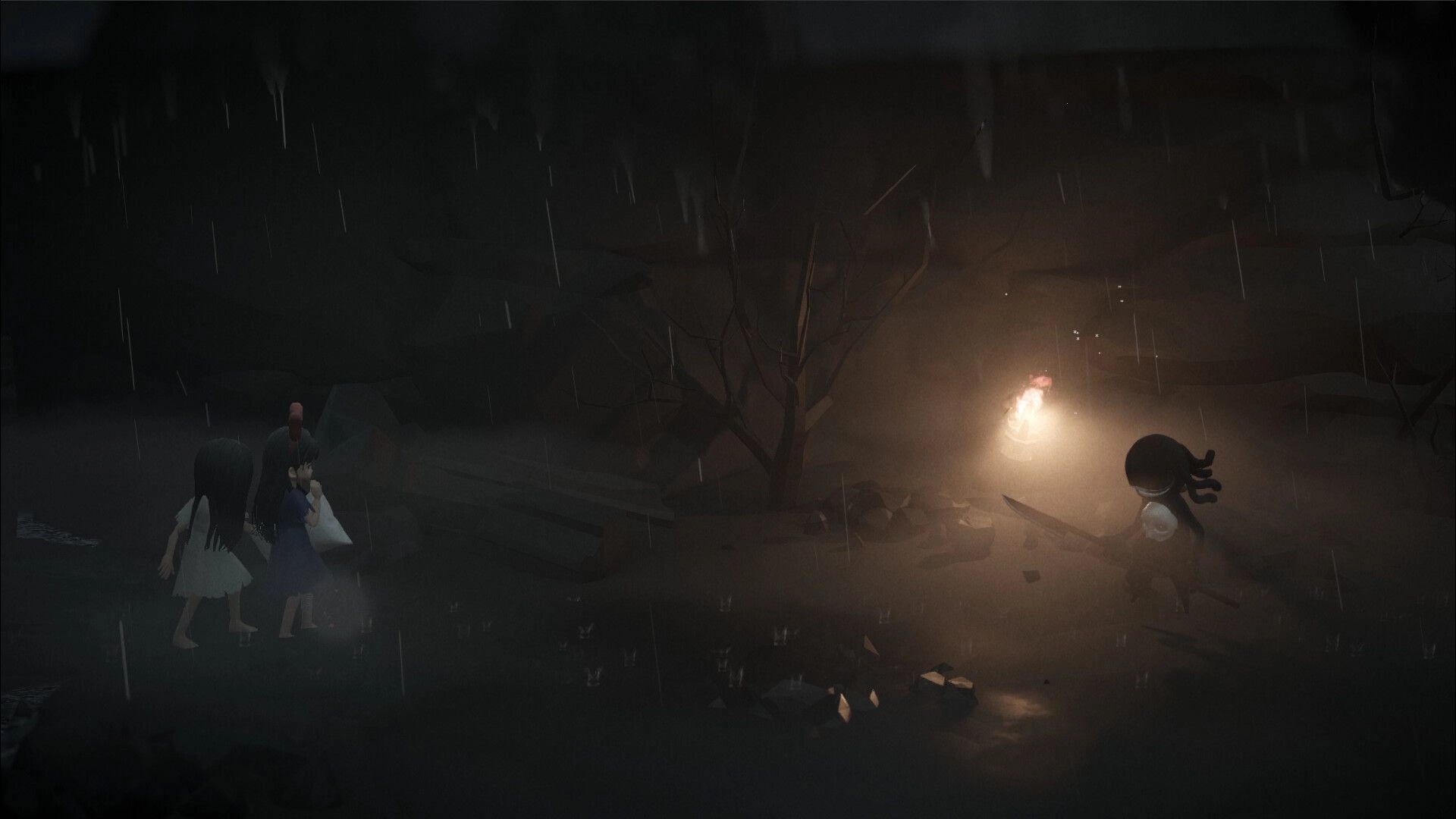 Mona: Mona and companions traverse a dark, rainy landscape, approaching a dimly lit mysterious figure.