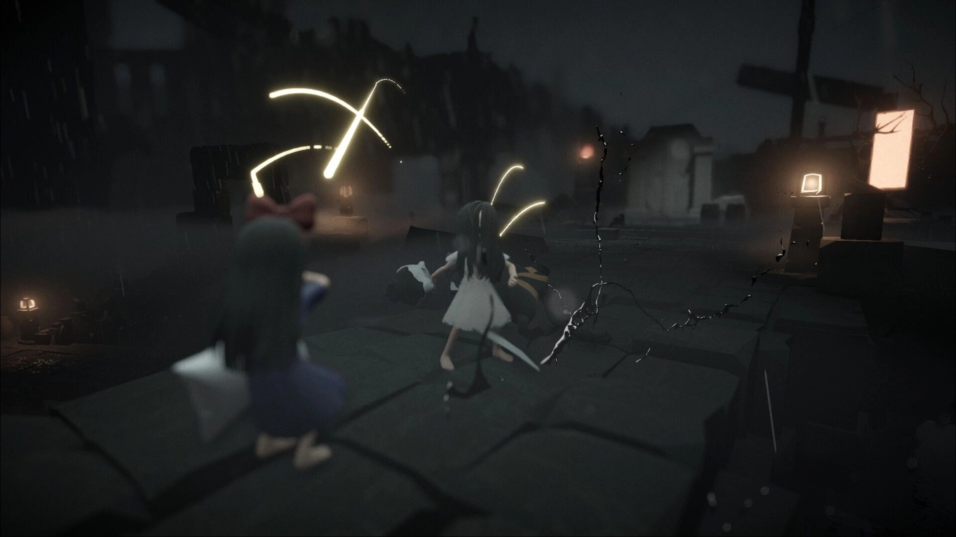 Mona: Two characters navigate a foggy, dimly-lit path with glowing lines and eerie structures around.