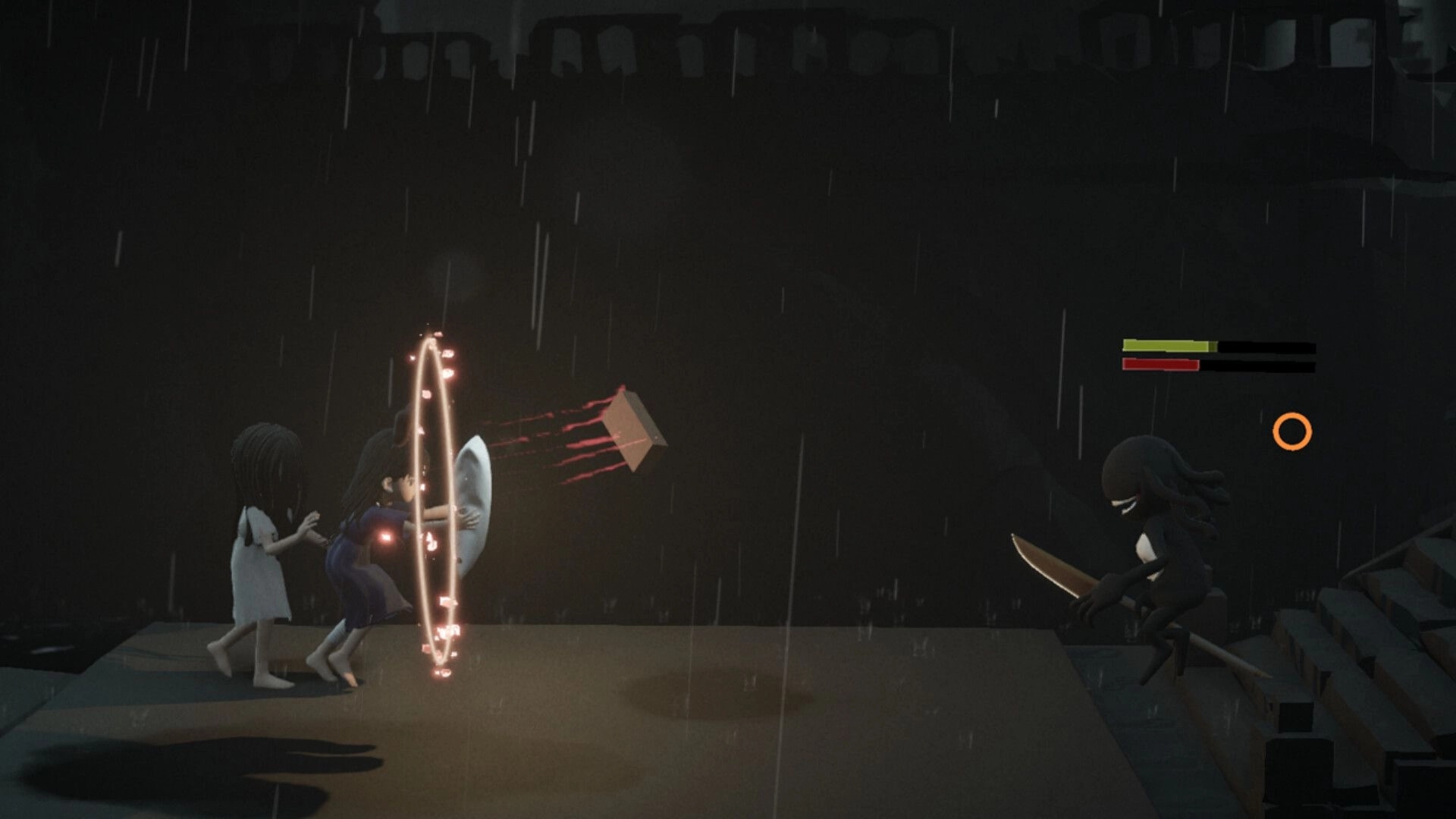 Mona: Shielding with pillow against attacking shadow creature in dark, rainy environment